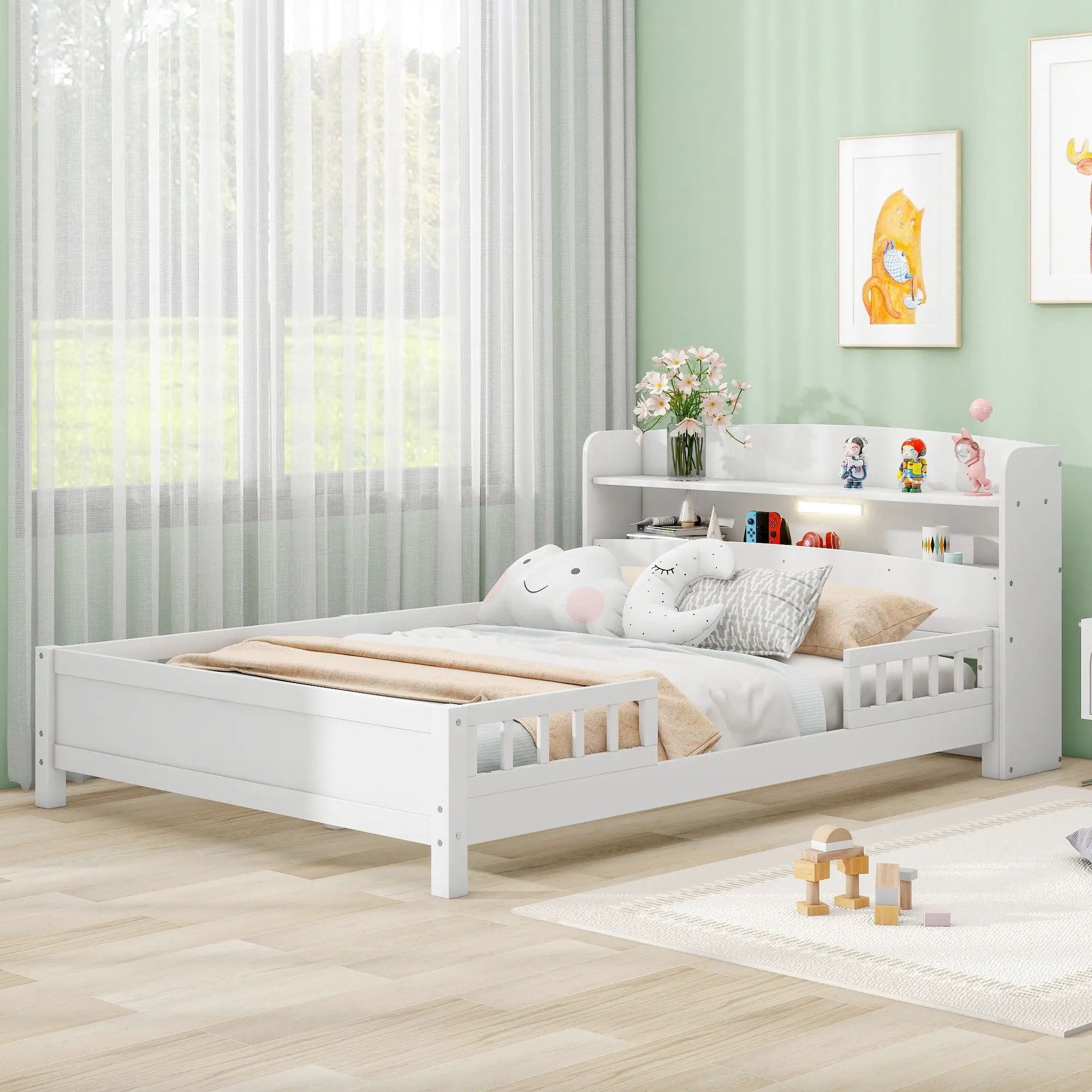 Wood Platform Bed With Built In LED Light, Storage Headboard And Guardrail