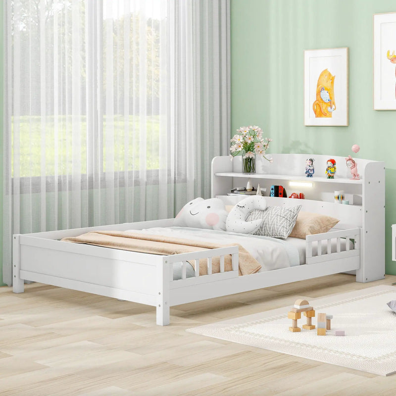 Wood Platform Bed With Built In LED Light, Storage Headboard And Guardrail