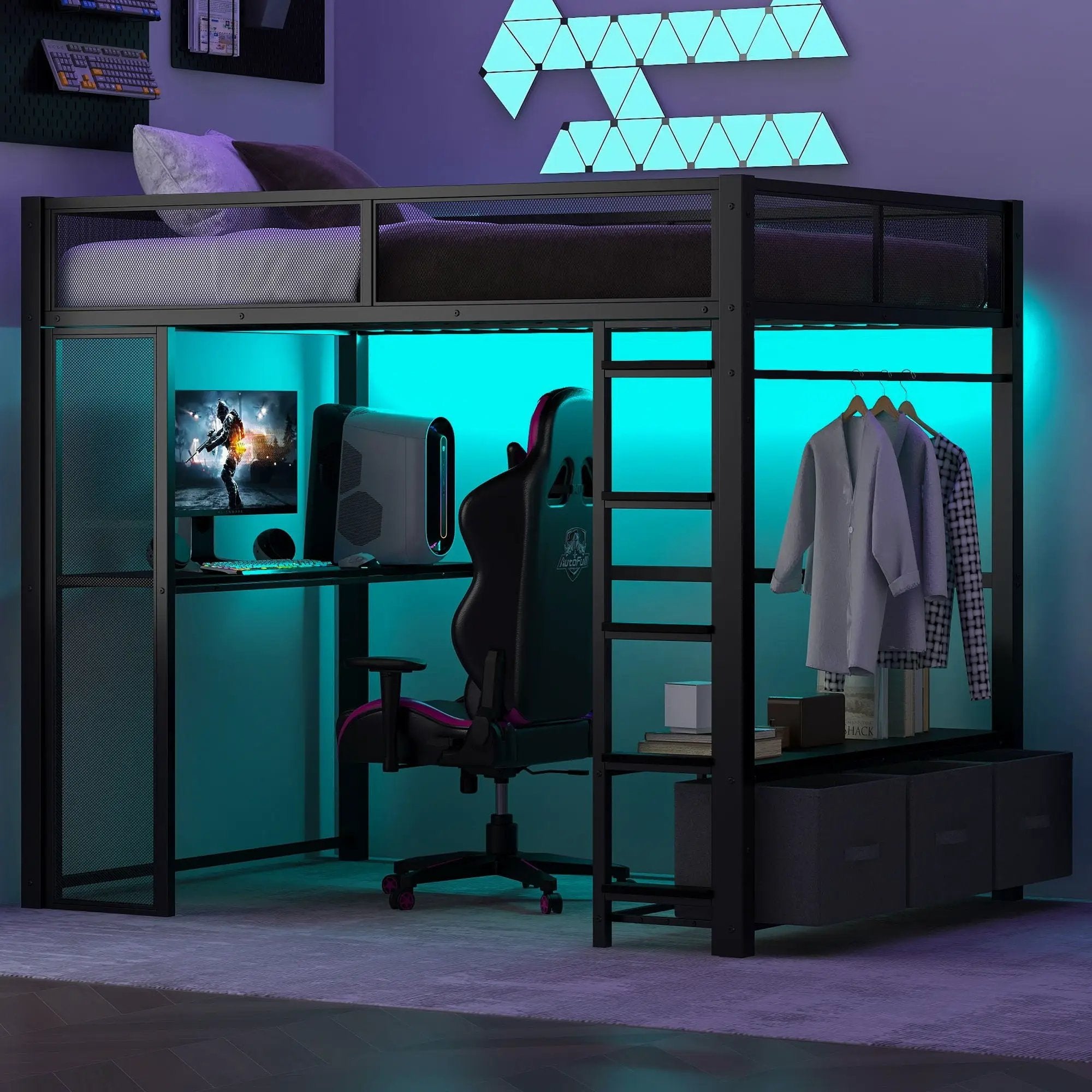 Full Size Gaming Loft Bed With LED Desk, Open Wardrobe, 3 Linen Storage Drawers - Black by HouseOfZazla
