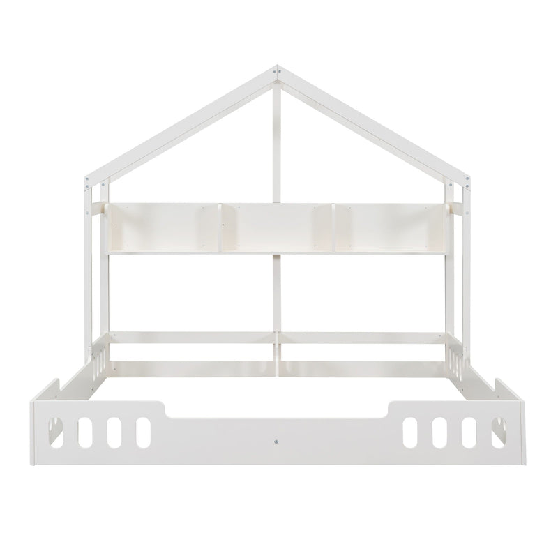 Twin Size Platform Bed With Shared Design, Guardrails, And Built In Shelves - Creamy White by HouseOfZazla