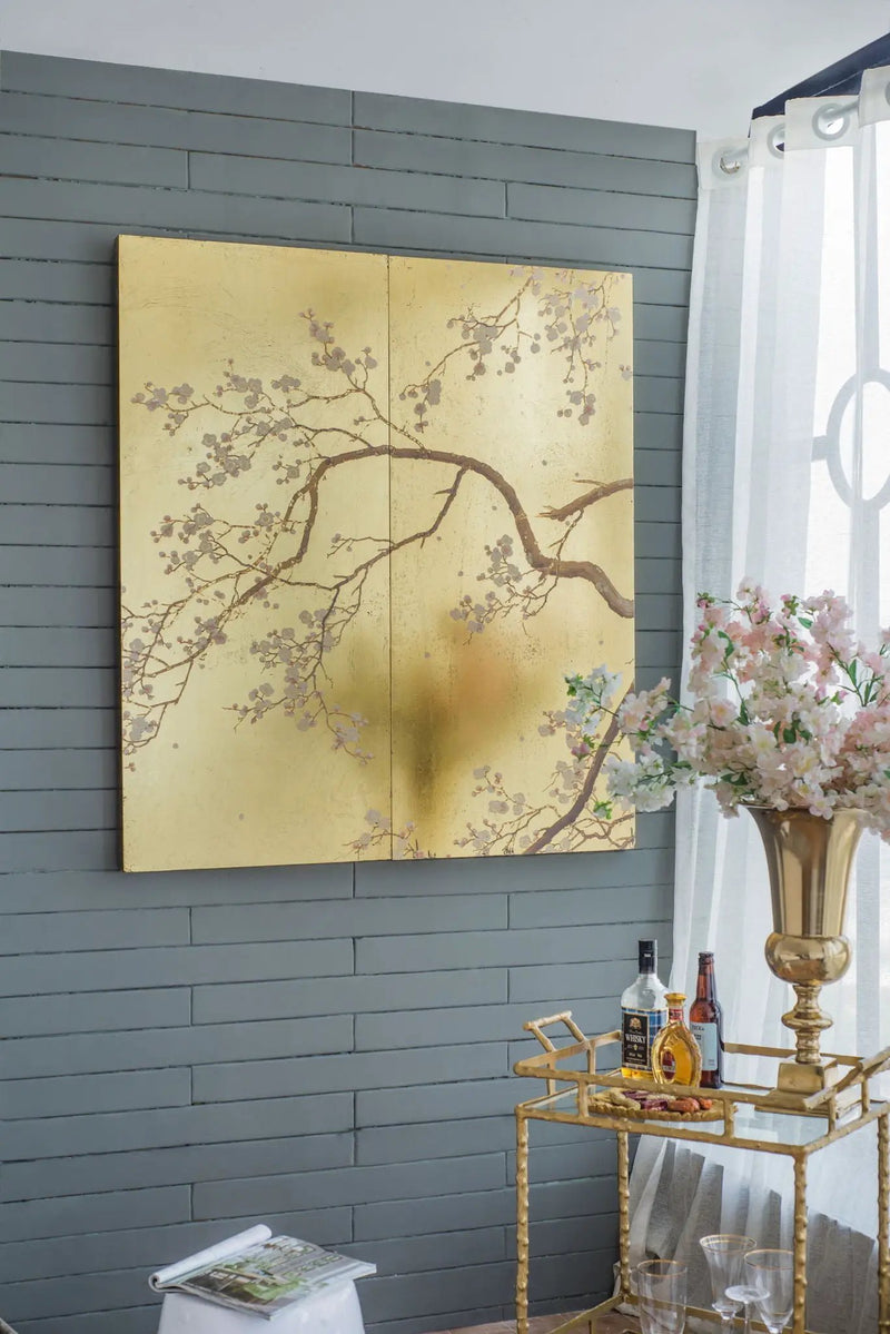 Cherry Blossom Wall Art Panels, Wall Decor For Living Room Dining Room Office Bedroom (Set of 2) - Gold by HouseOfZazla
