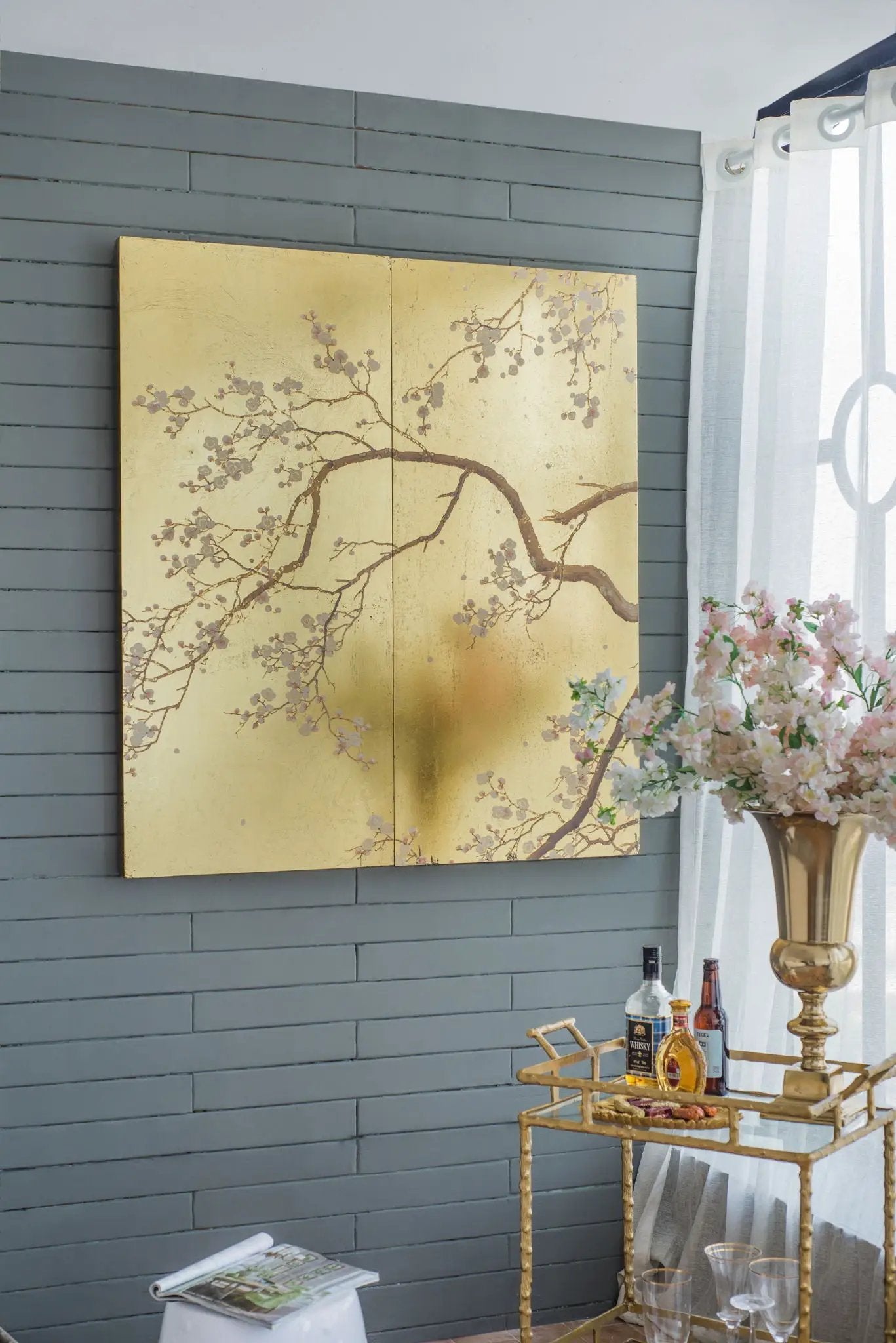 Cherry Blossom Wall Art Panels, Wall Decor For Living Room Dining Room Office Bedroom (Set of 2) - Gold by Unique Piece Furniture