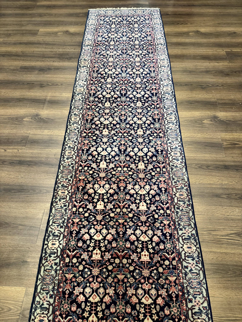 Indo Persian Runner Rug 2.8 x 12, Navy Blue, Floral, Fine 270 KPSI by Jewel Rugs