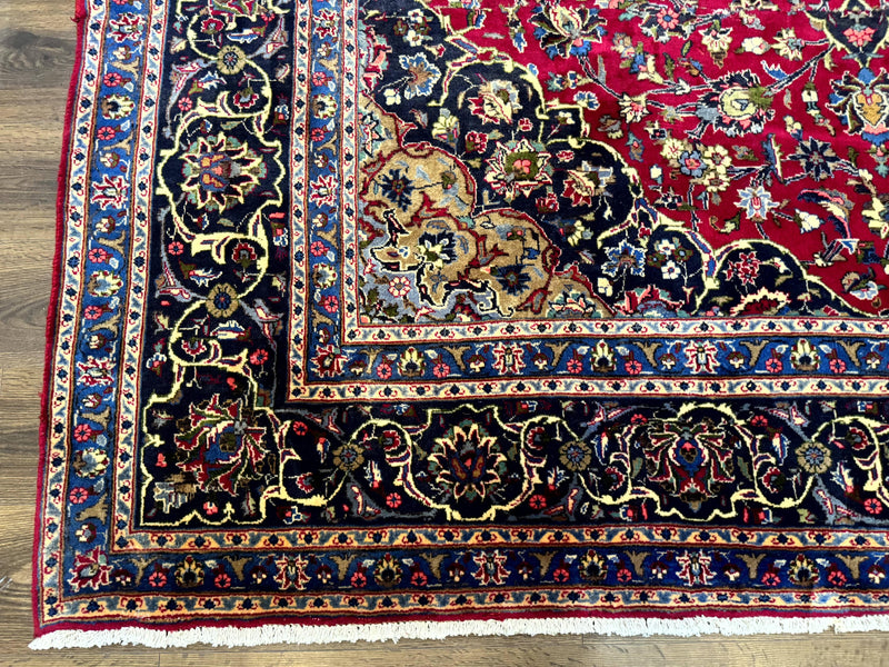 Traditional Persian Rug 8x11, Red Navy Blue, Floral Medallion, Antique Persian Mashad Carpet, Wool by Jewel Rugs