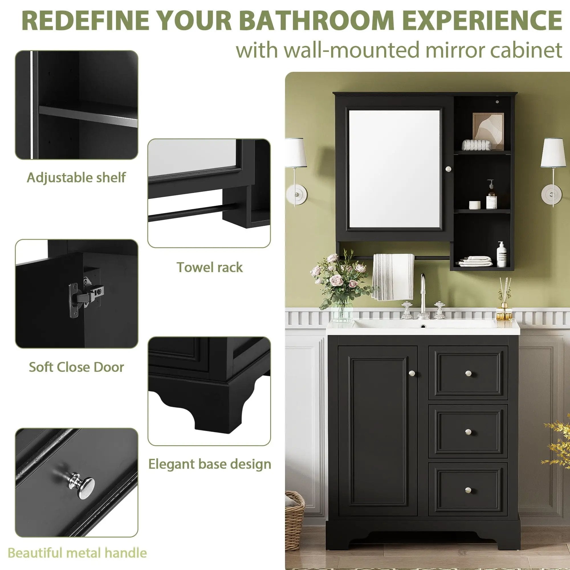 Bathroom Vanity With Sink, Modern Elegant Bathroom Storage Cabinet With 3 Drawers And Adjustable Shelves, Freestanding Vanity Set With Mirror Cabinet, Single Sink Bathroom Vanity by HouseOfZazla