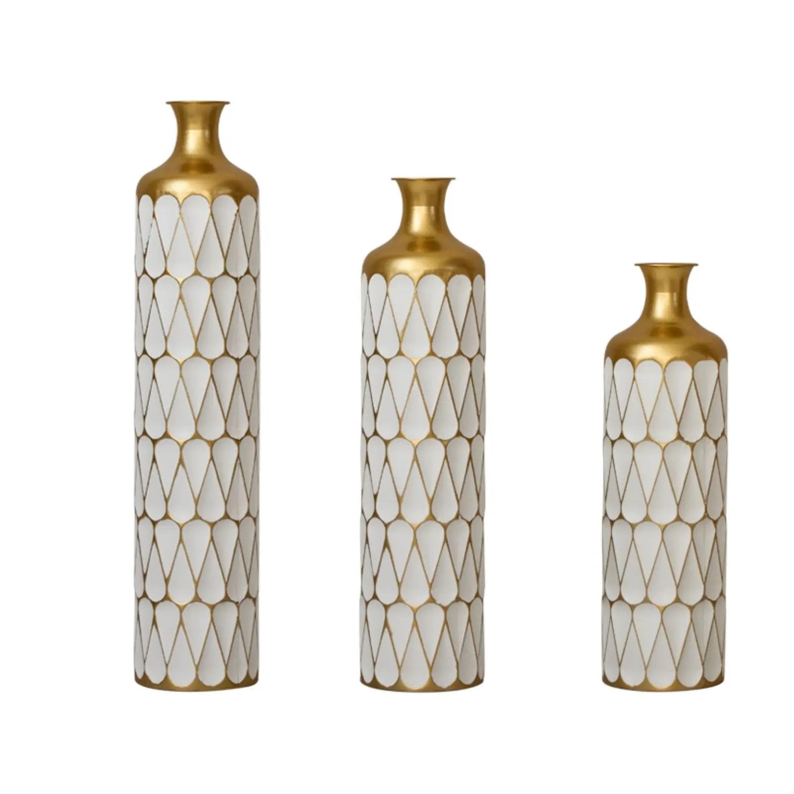 Floor Metal Vase Modern Style Decoration Home Droplet Shaped Metal Vase 3 Piece Set Gorgeous Home Decoration Large Glazed Metal Vase - Gold / White by Unique Piece Furniture