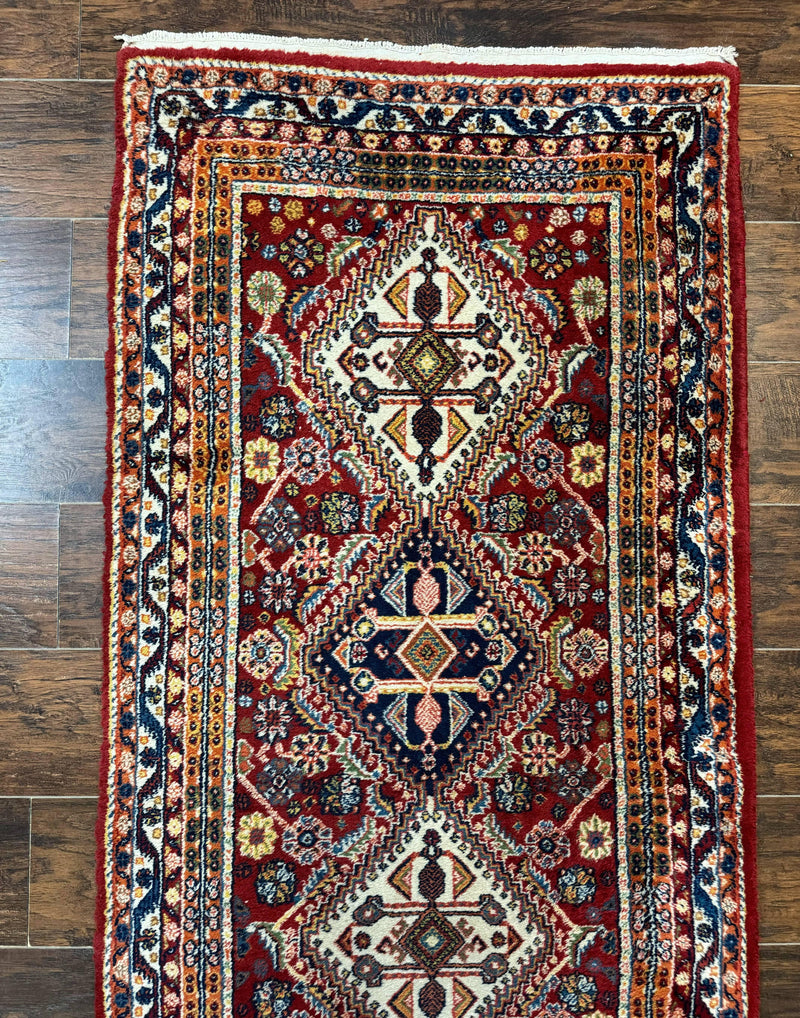 Antique Persian Qashqai Runner Rug 3 x 13 ft, Tribal Runner, Geometric Medallions, Red Ivory Blue, Wool by Jewel Rugs