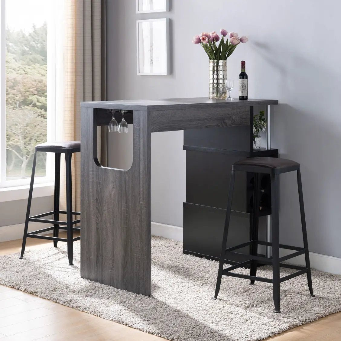 Home Bar Table With Wine Glass Compartment And Three Shelves - Distressed Gray / Black by Unique Piece Furniture