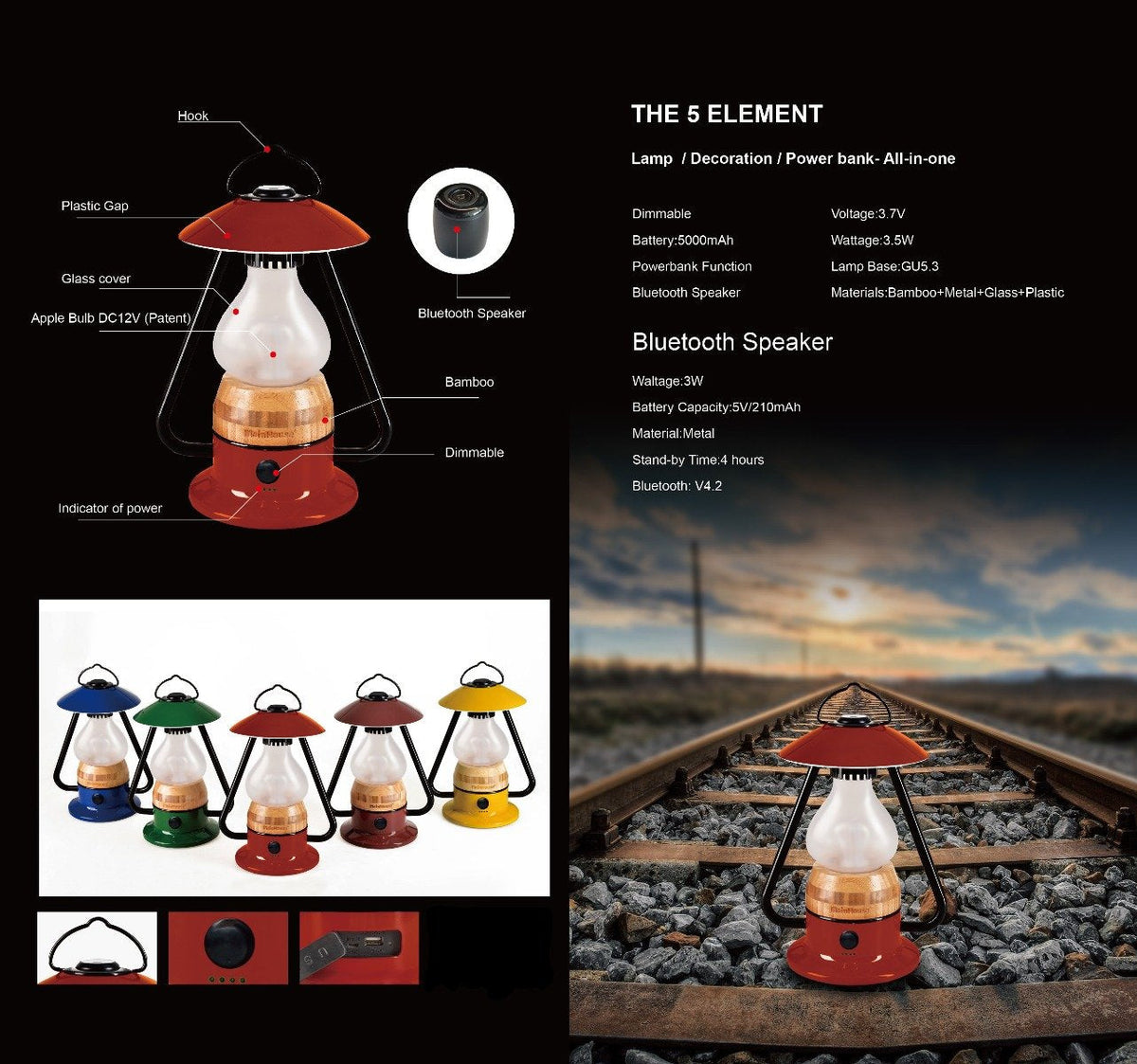 TRU De-LIGHT ROMANTICO LED All-in-One Lamp, Rechargeable, Bluetooth Music Speaker - FIRE RED / YELLOW / AUQA BLUE / GREEN / BLACK, photo 9 of 19
