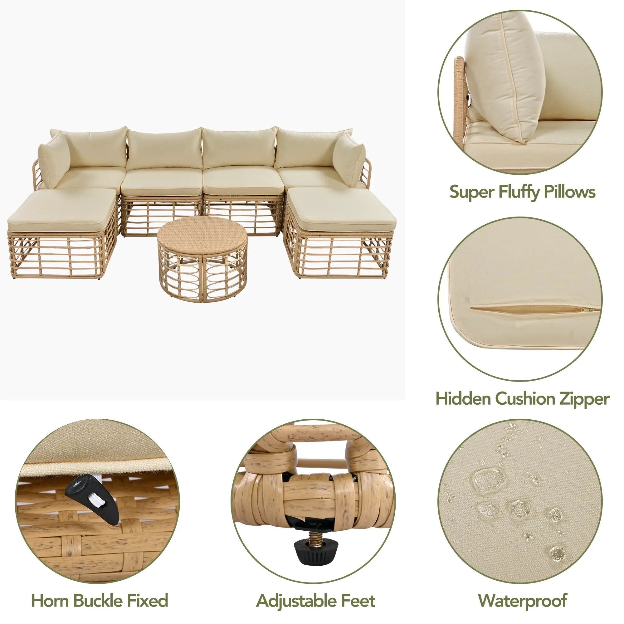 7 Pieces Outdoor Patio Furniture, All-Weather Rattan Sectional Sofa Set with Thick Cushions and Pillows, Freely Combined Conversation Sets for Garden, Backyard, Balcony, Brown by HouseOfZazla