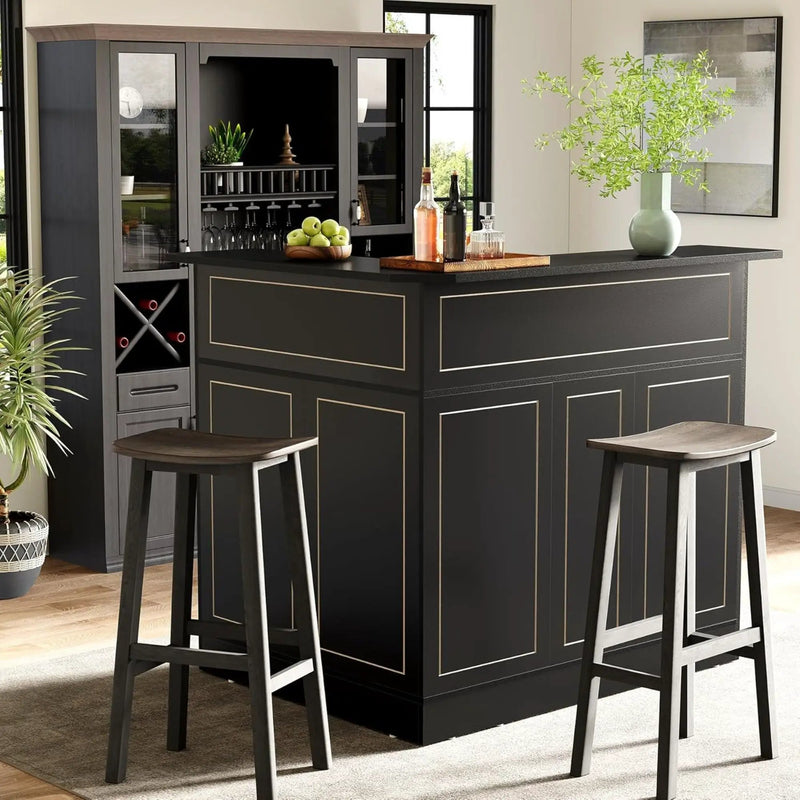 L-Shaped Home Bar Cabinet With Stemware Racks, 4 Tier Corner Unit, Liquor Wine Bar Table & Reception Desk For Home Pub - Black by HouseOfZazla