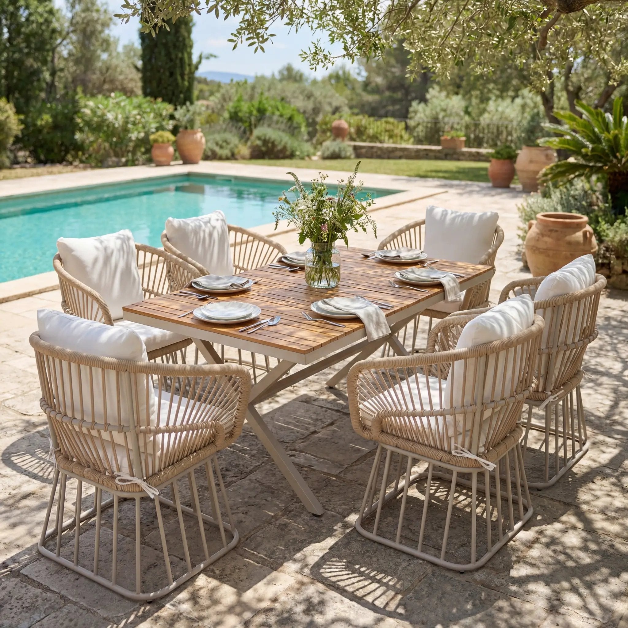 Outdoor 7-Piece Dining Set - Rectangular Teak Wood Table + 6 Wicker Chairs with Cushions by HouseOfZazla