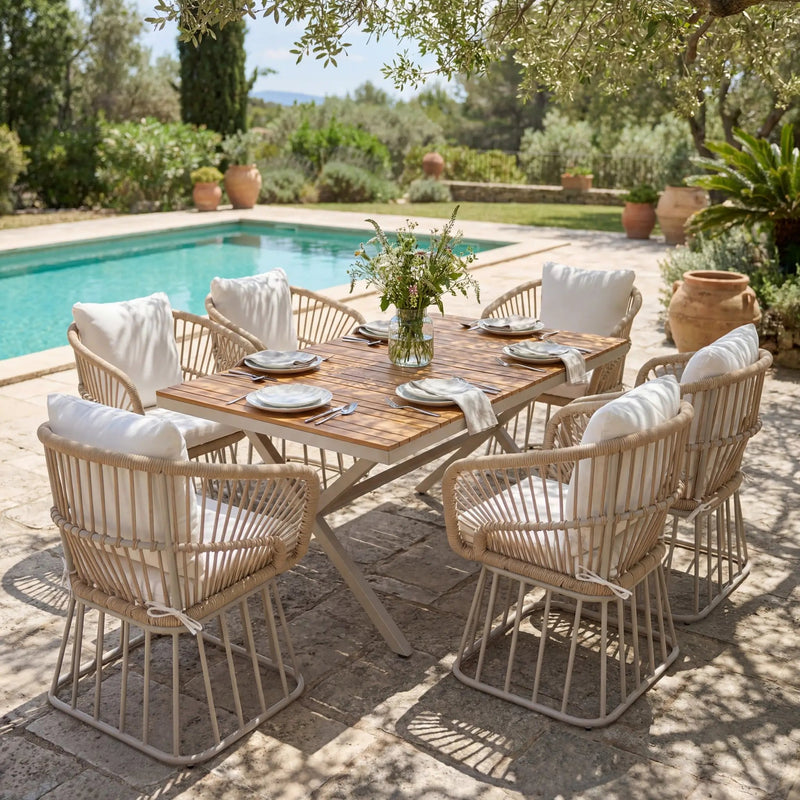 Outdoor 7-Piece Dining Set - Rectangular Teak Wood Table + 6 Wicker Chairs with Cushions by HouseOfZazla