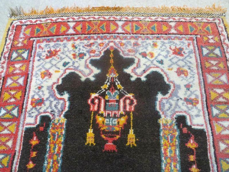 Antique Moroccan Runner Rug 3x7, Moroccan Prayer Rug, Double Mehrab Prayer Arches, Black and Red, Hand-Knotted Wool Carpet, Hallway Rug Nice by Jewel Rugs