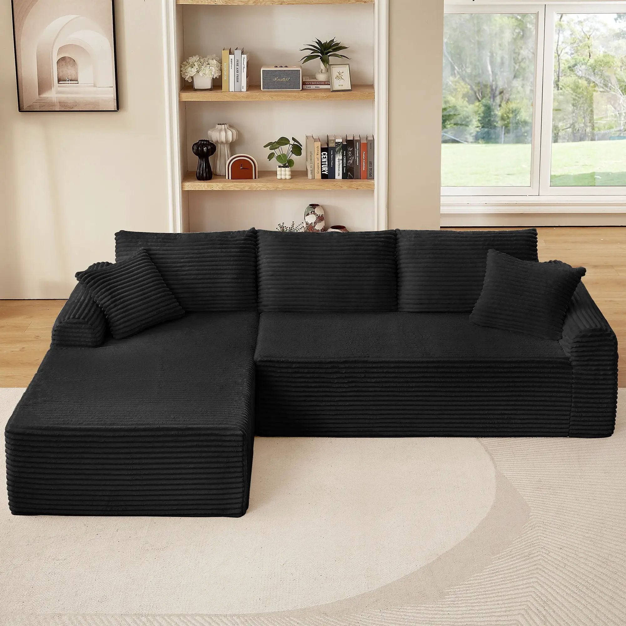 Modular Sectional With Arched Armrests, Includes 3 Back Cushions & 2 Throw Pillows by HouseOfZazla