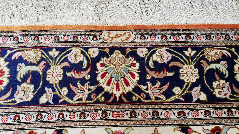 Vintage Persian Qum Silk Rug 4.6 x 6.7, Burnt Orange and Navy Blue, Antique Oriental Very Fine Signature Master Weaver 350+ KPSI Ghom Qom 5x7 Rug by Jewel Rugs
