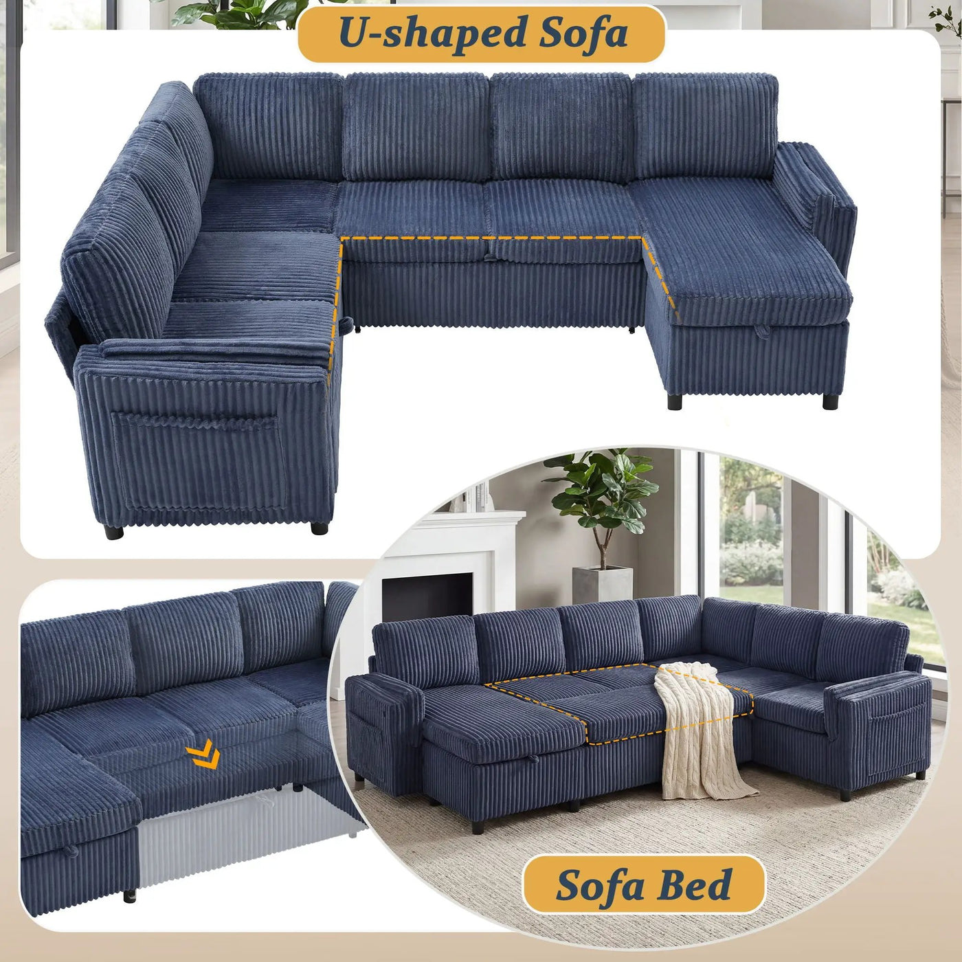 Convertible U-Shaped Sectional Sofa Bed With USB Ports And Storage by HouseOfZazla