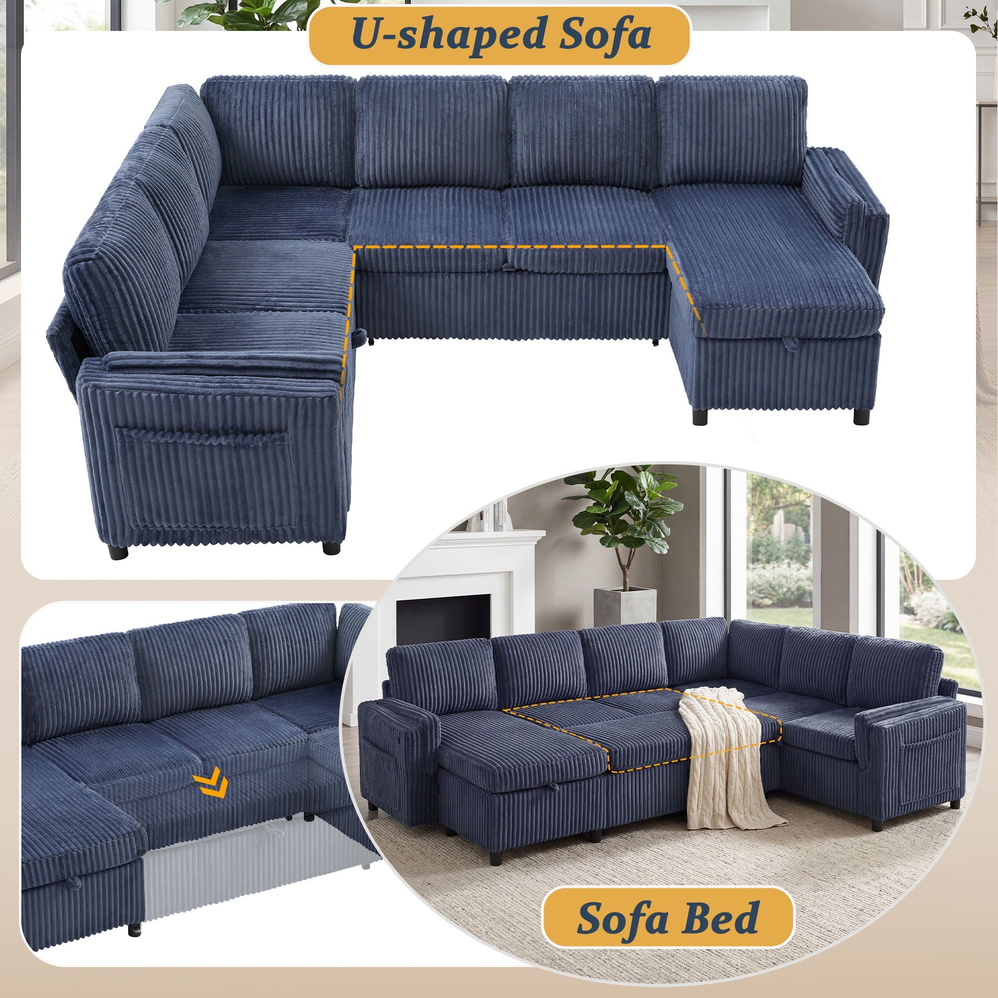 Convertible U-Shaped Sectional Sofa Bed With USB Ports And Storage by HouseOfZazla