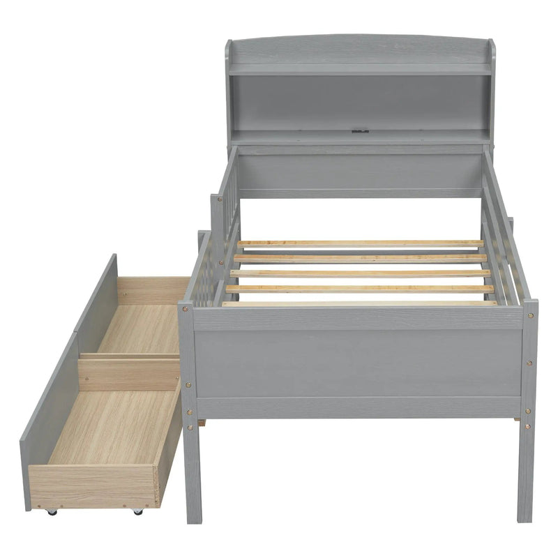 Platform Bed With LED Light, Multi Functional Headboard, Guardrail And 2 Drawers by HouseOfZazla