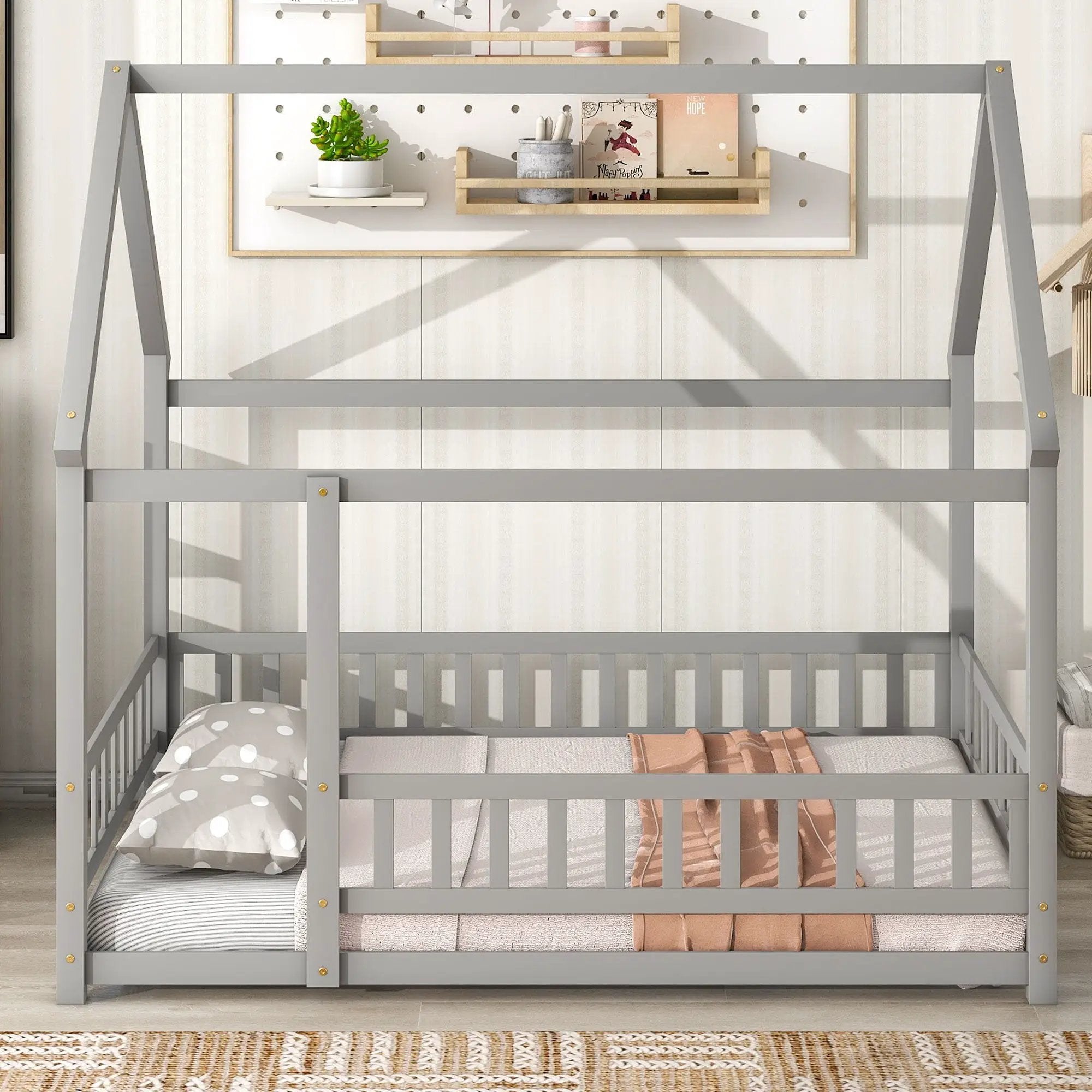 Floor Wooden Bed With House Roof Frame, Fence Guardrails by Unique Piece Furniture