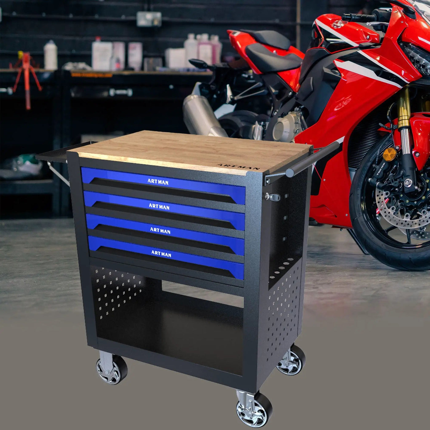 4 Drawers Multifunctional Tool Cart With Wheels And Wooden Top by HouseOfZazla