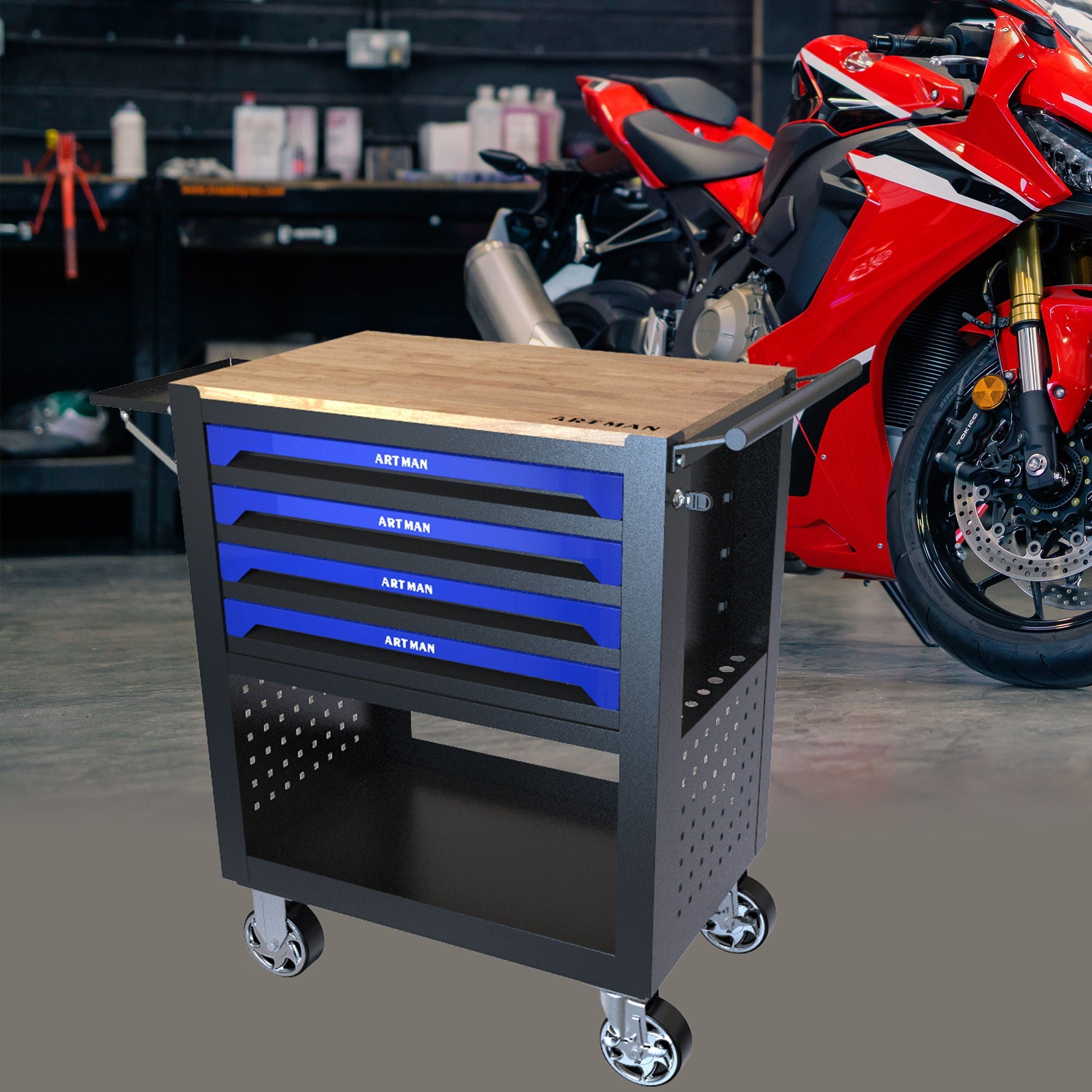 4 Drawers Multifunctional Tool Cart With Wheels And Wooden Top by HouseOfZazla