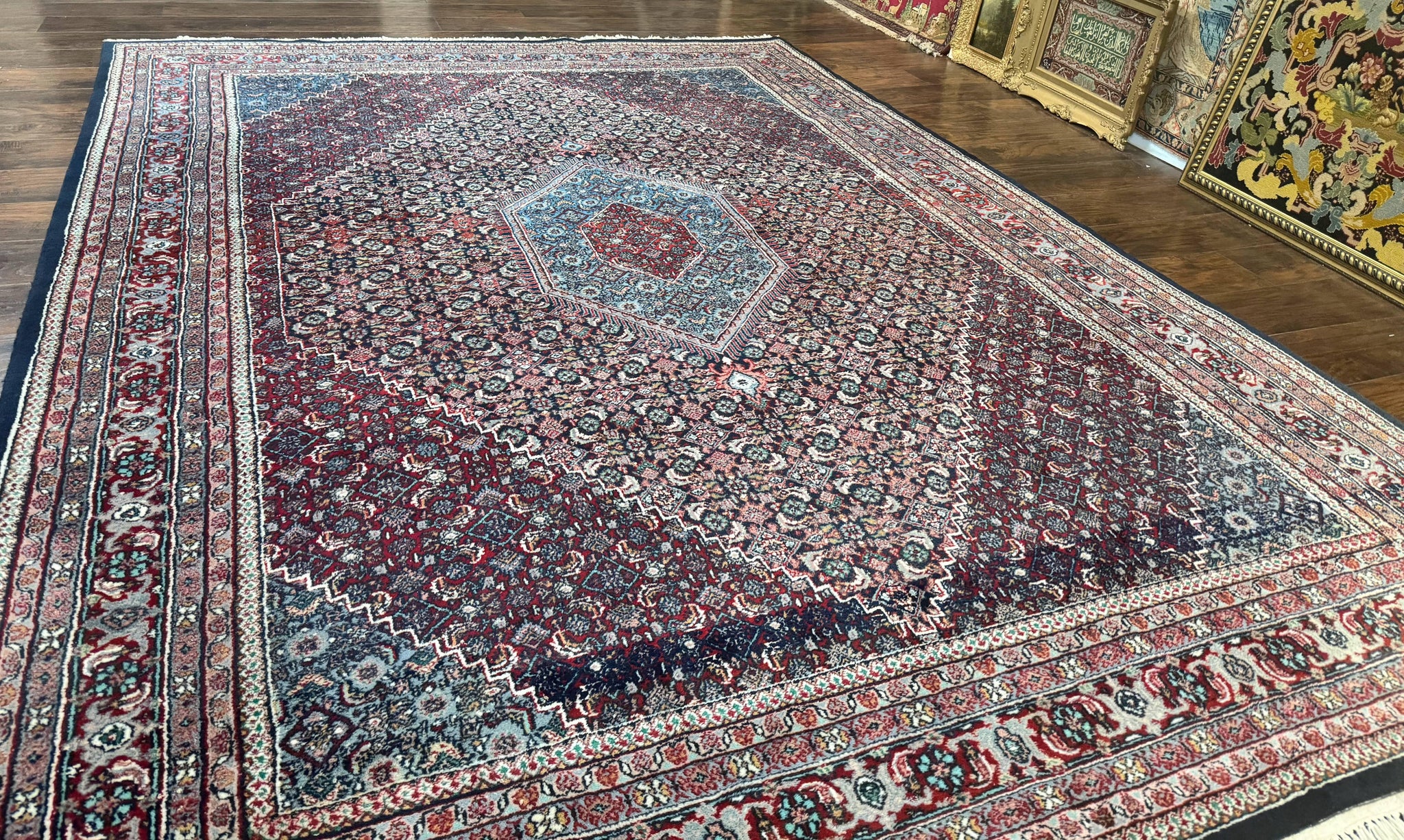 Indo Persian Bidjar Rug 8x11, Herati Mahi Pattern, Red Navy Blue, Handmade Vintage Wool Carpet by Jewel Rugs