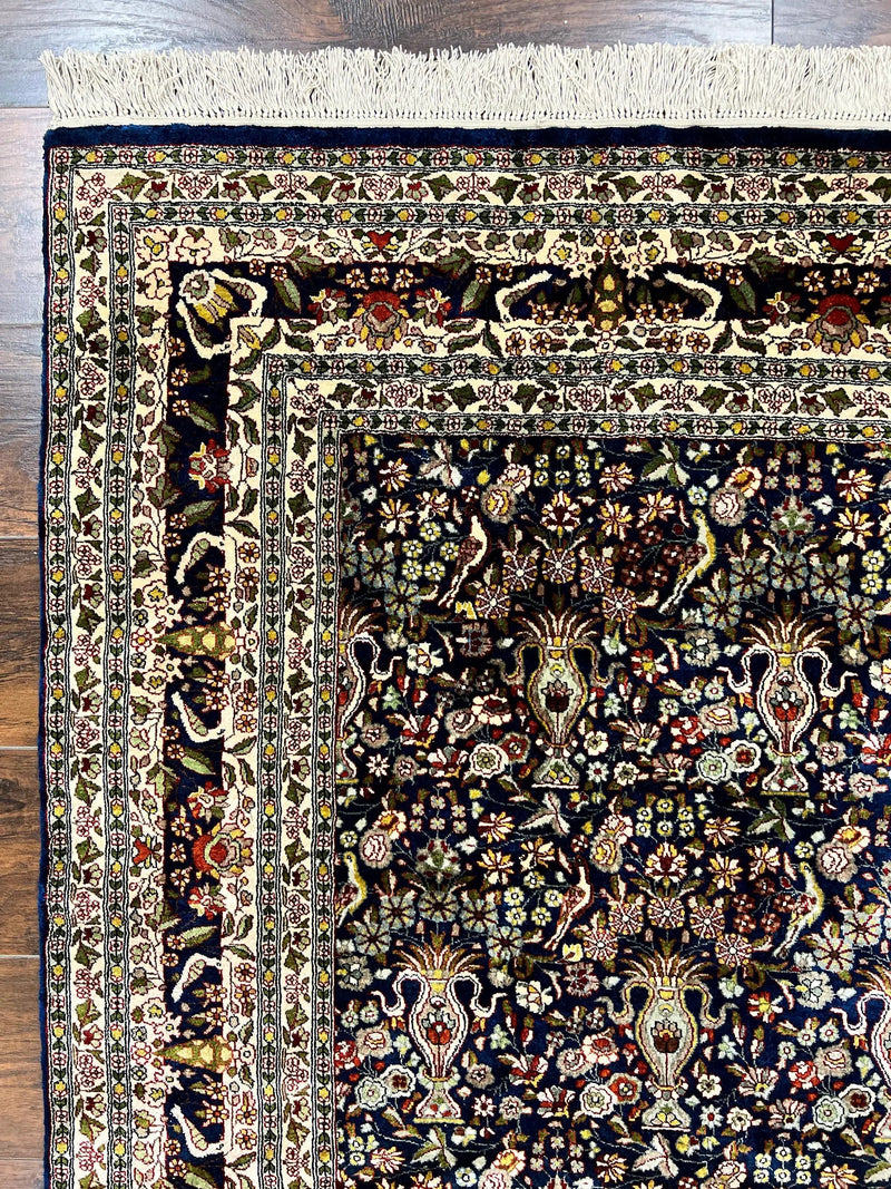 Silk Indian Kashmiri Rug 5x7, Navy Blue Indo Persian Silk Carpet 5 x 7 ft, Hand Knotted Handmade Very Fine Oriental Carpet, 450 KPSI, Birds by Jewel Rugs