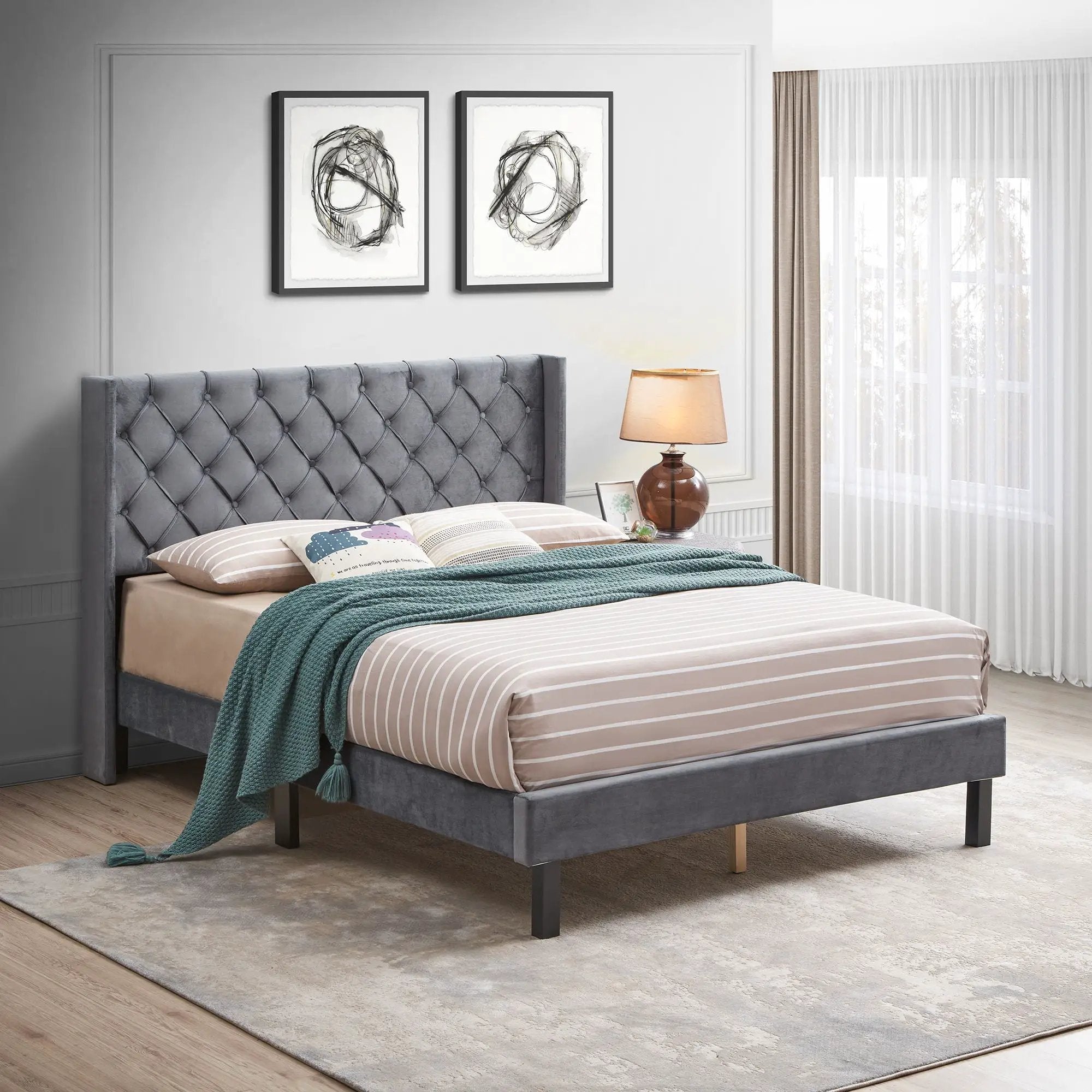 Velvet Button Tufted-Upholstered Bed With Wings Design Strong Wood Slat Support Queen Platform Bed - Gray by HouseOfZazla