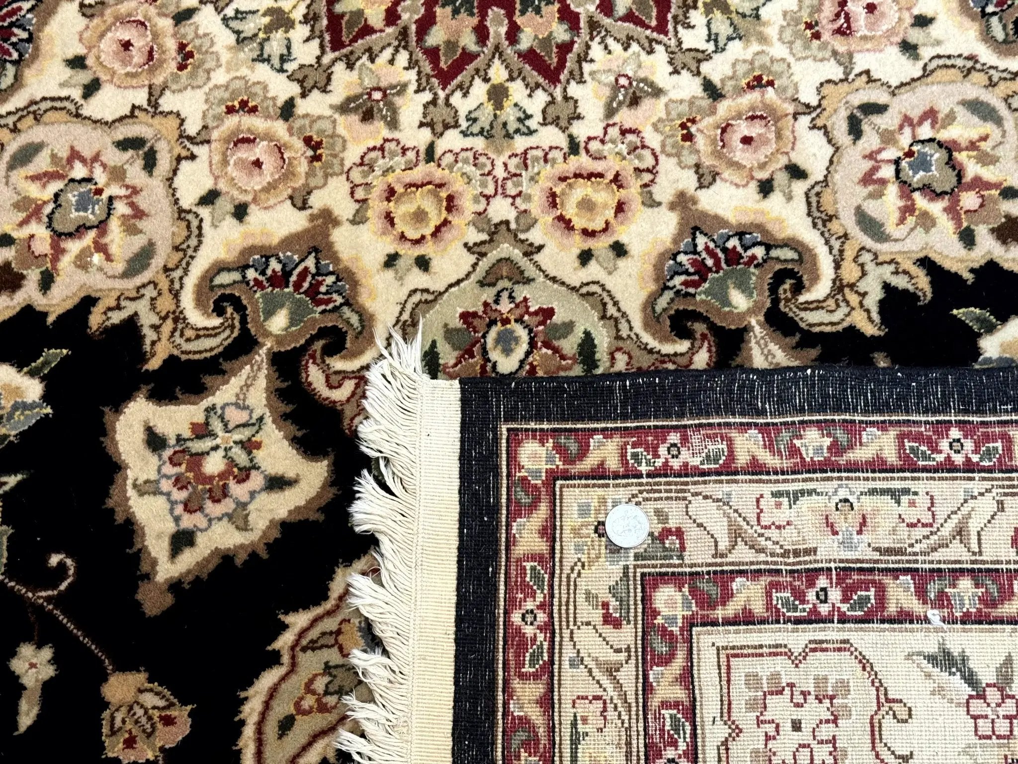 Sino Persian Rug 9x12, Black and Beige, Floral Medallion, Wool & Silk, Handmade by Jewel Rugs