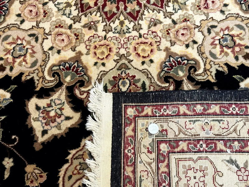 Sino Persian Rug 9x12, Black and Beige, Floral Medallion, Wool & Silk, Handmade by Jewel Rugs