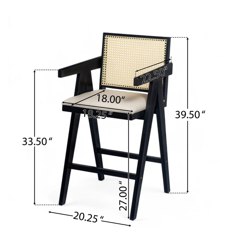 Woven Cane Plastic Backrest Bar Stool Foam Padded Fabric Seat & Durable Rubberwood Frame - Cream Gray by HouseOfZazla