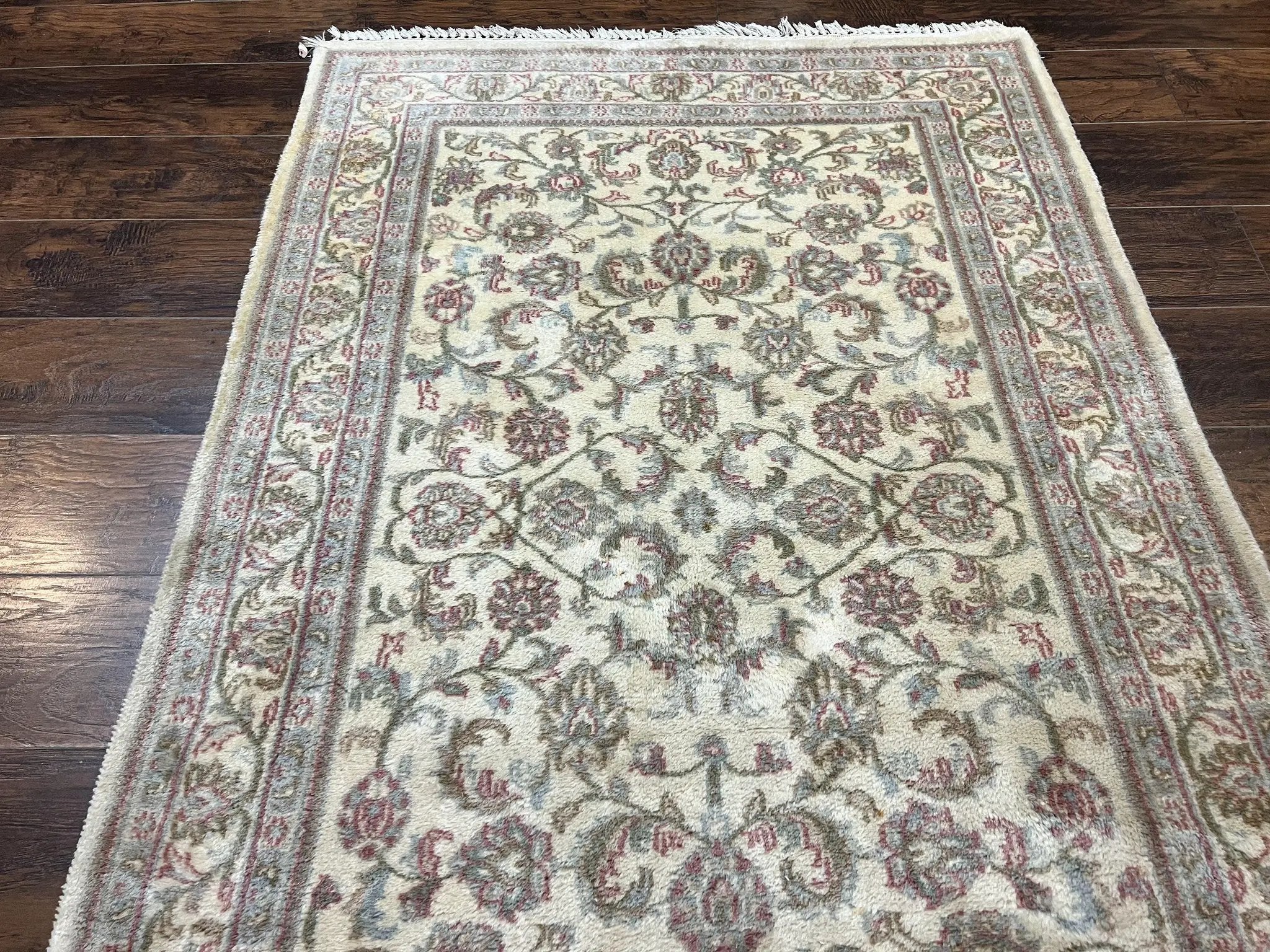 Indo Persian Rug 4x6, Vintage Handmade Wool Carpet, Floral Allover Pattern, Beige, Pair A by Jewel Rugs