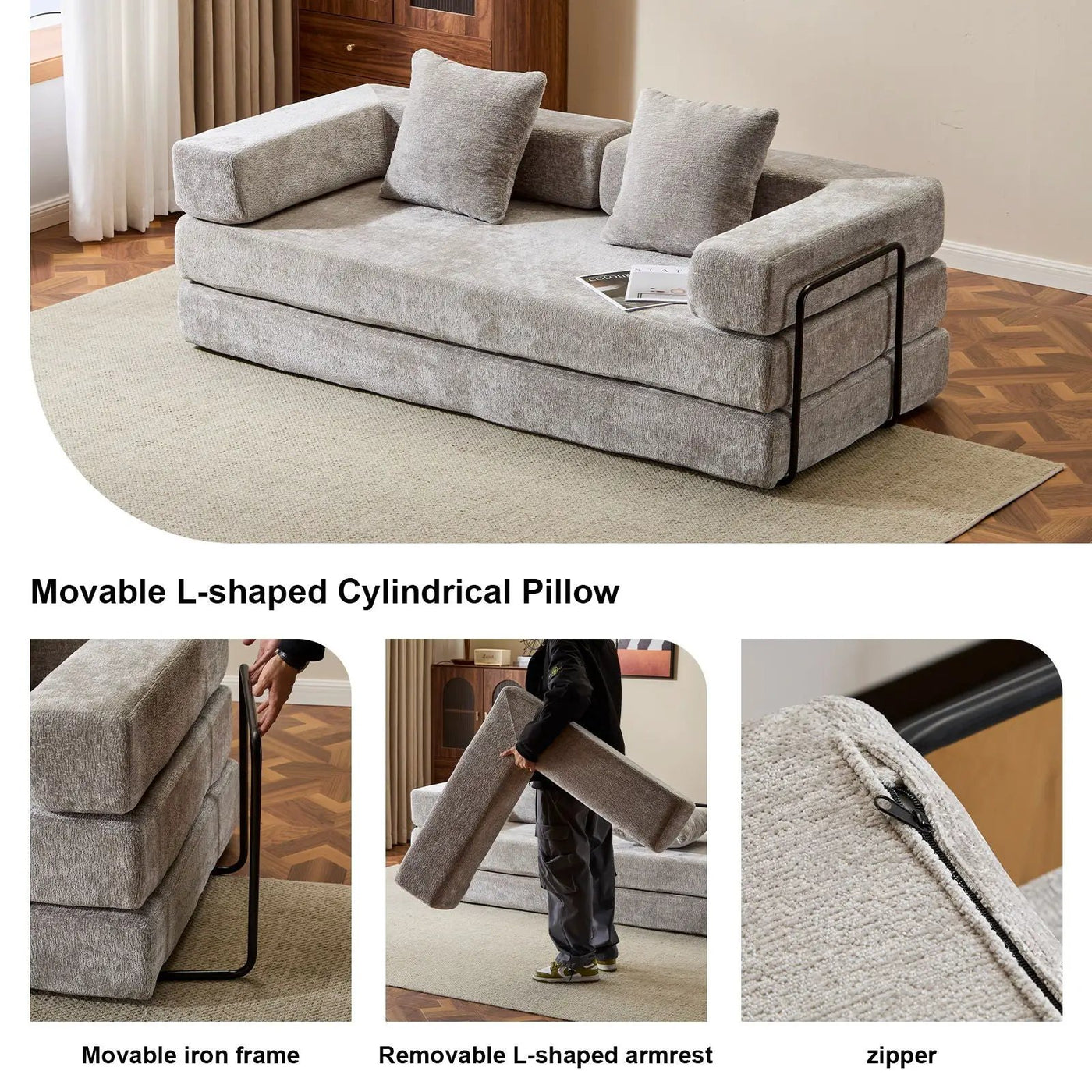 Convertible Floor Sofa Bed With Pillow Back Support Armrest by Unique Piece Furniture