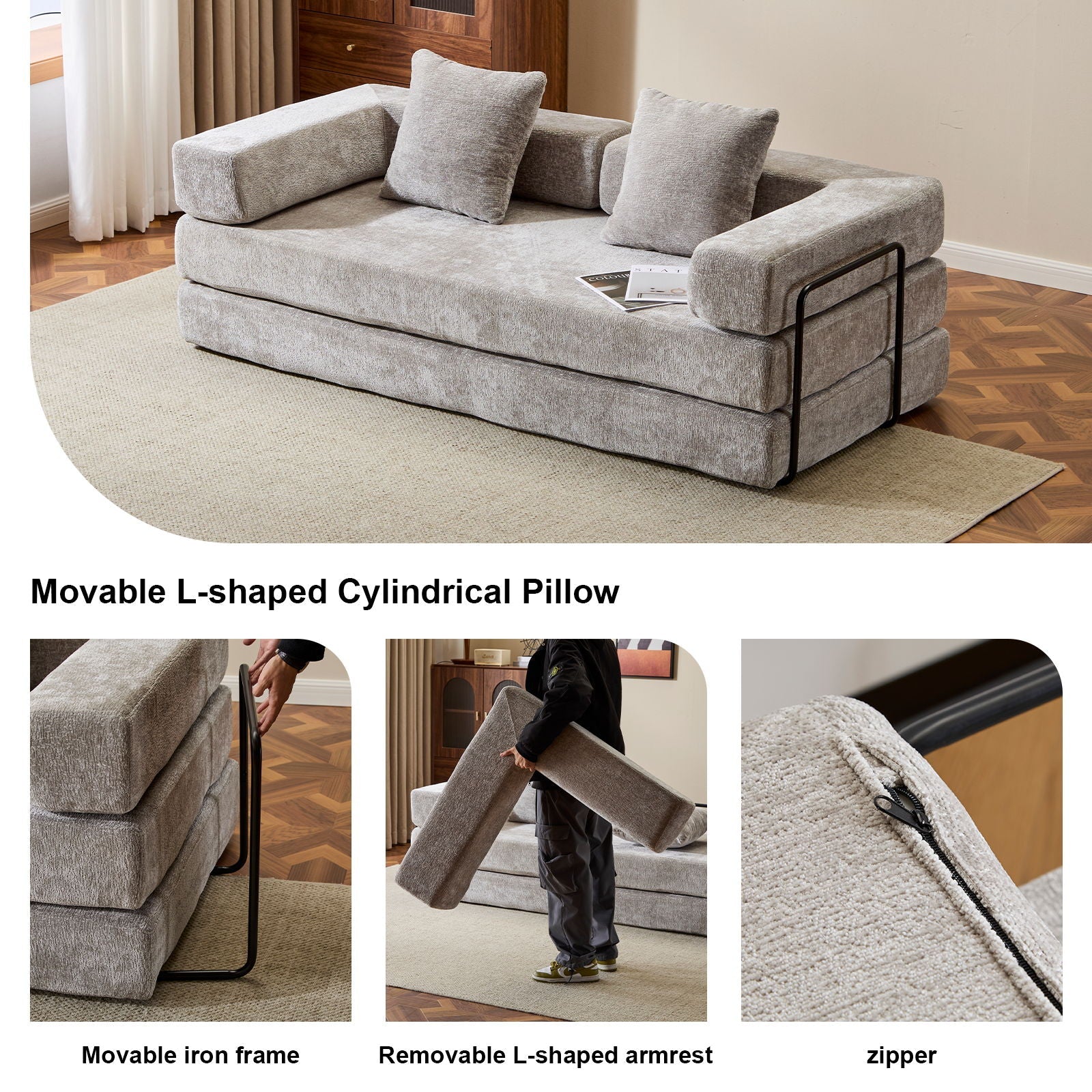 Convertible Floor Sofa Bed With Pillow Back Support Armrest by Unique Piece Furniture
