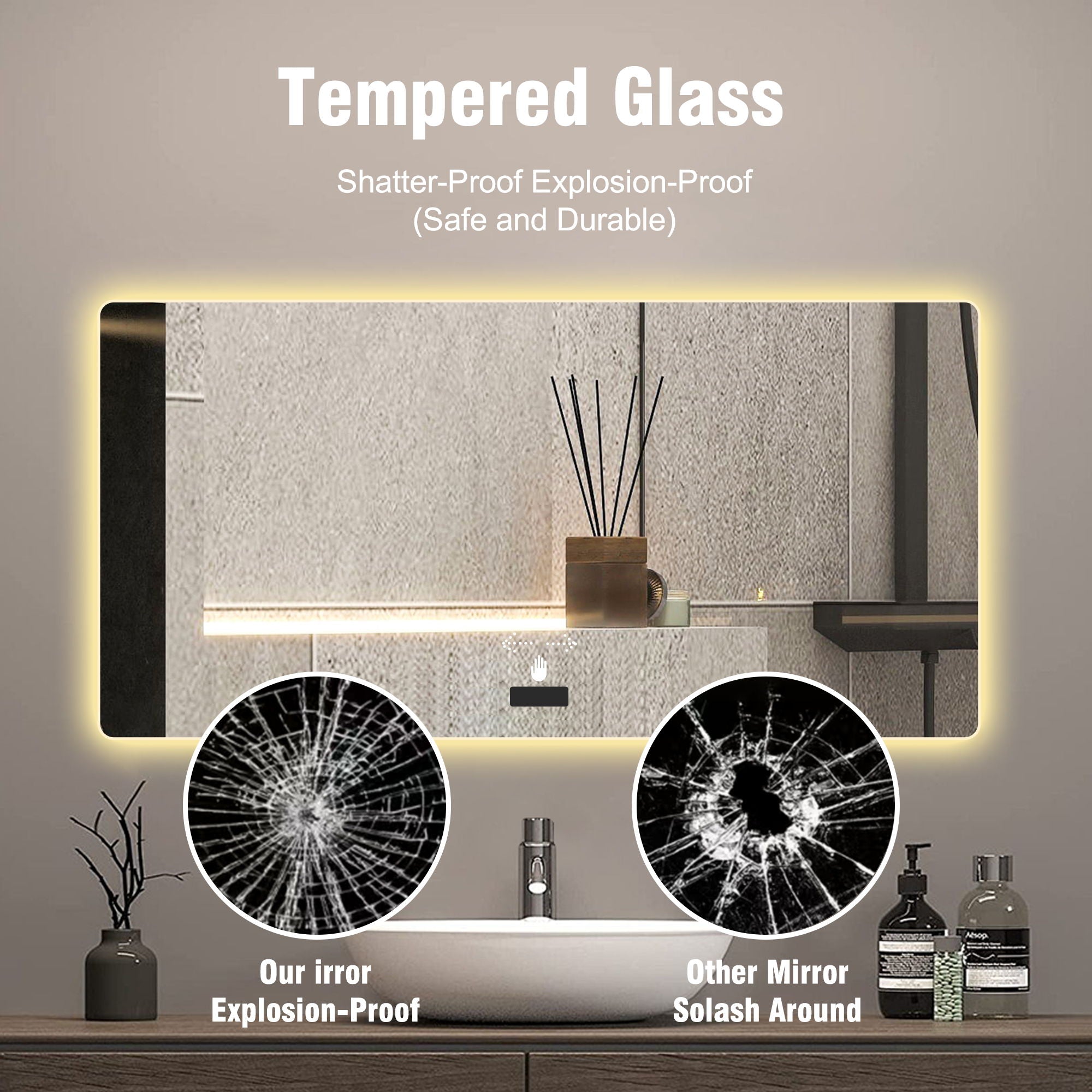 Frameless Bathroom Mirror With Light, LED Backlit, Tri Color Dimming, Anti Fog, Smart Sensor - Silver by HouseOfZazla