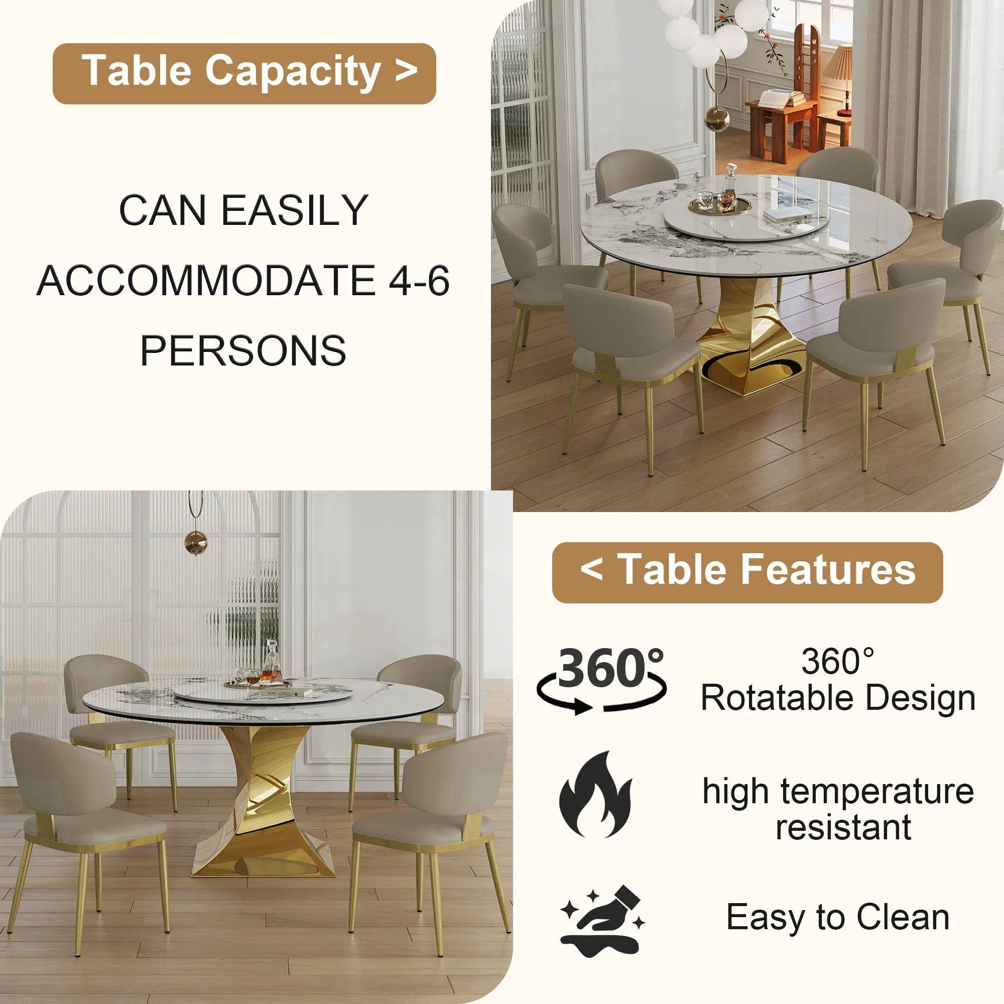 Luxury Round 59" Sintered Stone Dining Table With Stainless Steel Hourglass Base, Scratch & Heat Resistant Surface - Golden / White by Unique Piece Furniture