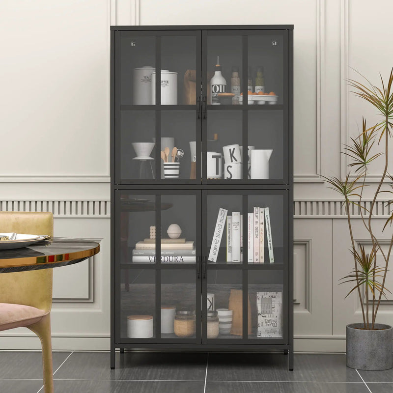 Premium Metal Storage Cabinet With Tempered Glass Doors, Adjustable Shelves, And Anti Tipping Device - Black by Unique Piece Furniture