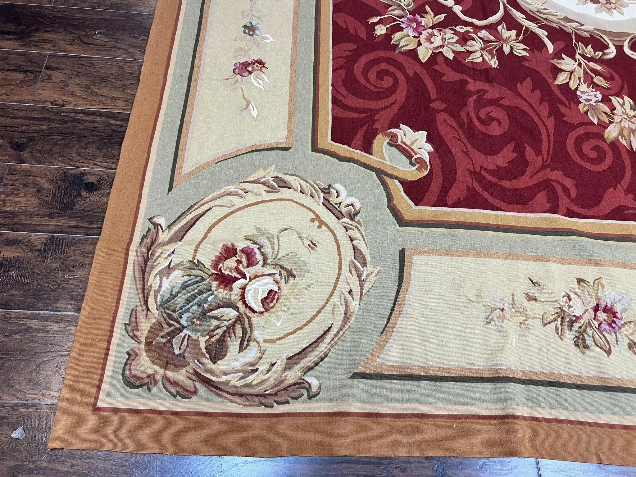 Large Aubusson Rug 10x14, Wool Handmade Vintage Carpet, Dark Red Ivory Tan, French European Elegant Aubusson Weave Rug by Jewel Rugs