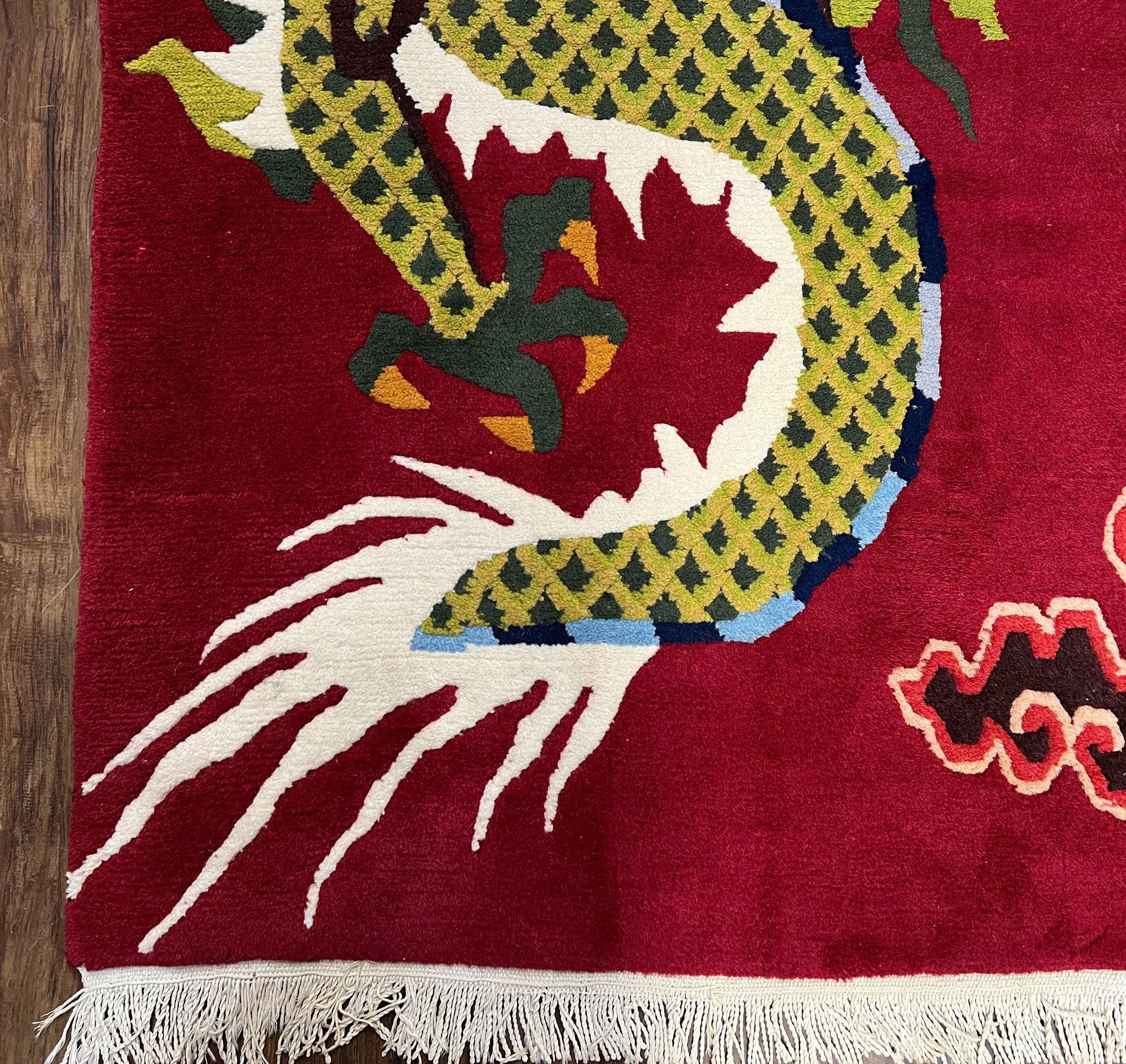 Vintage Chinese Dragon Rug 3 x 6.8, Handmade Hand Knotted Red Chinese Carpet with Gold Dragon, Art Deco Peking Soft Chinese Rug Runner by Jewel Rugs