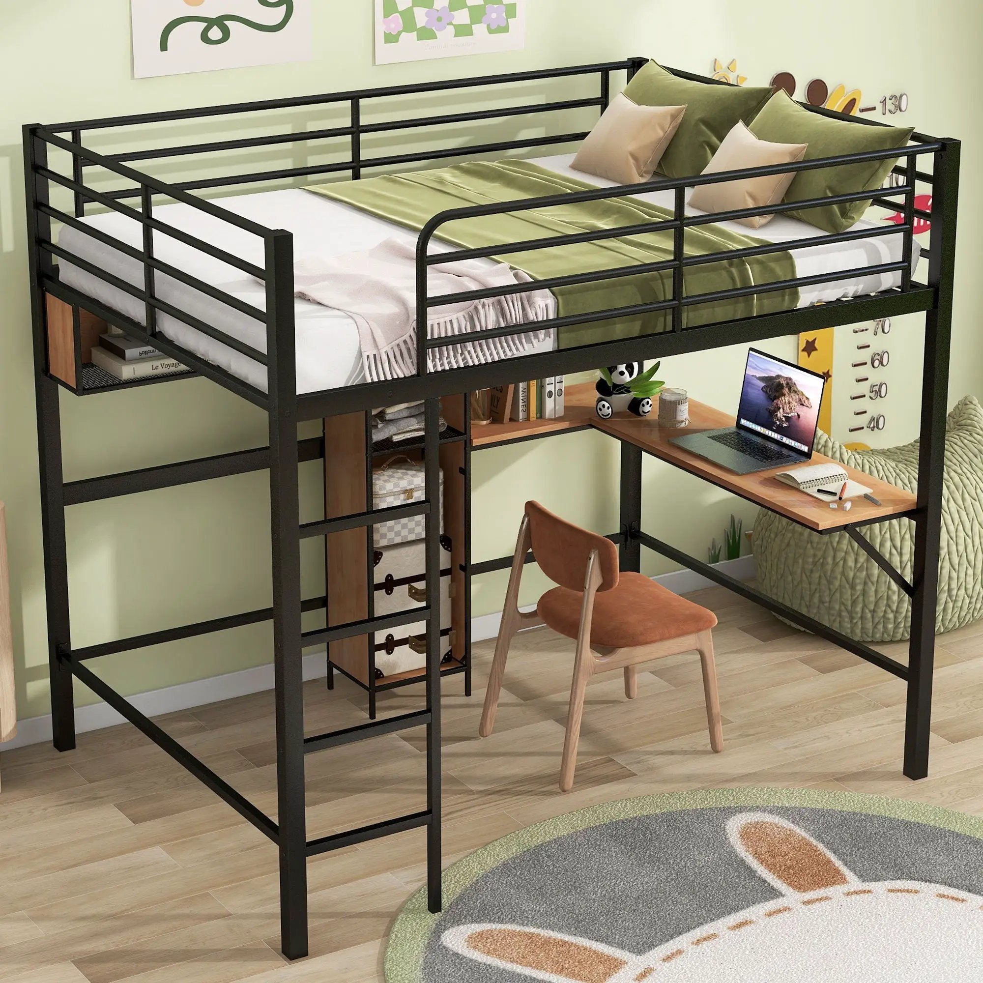 Full Size & Loft Bed With L-Shaped Desk And Shelves - Black by Unique Piece Furniture