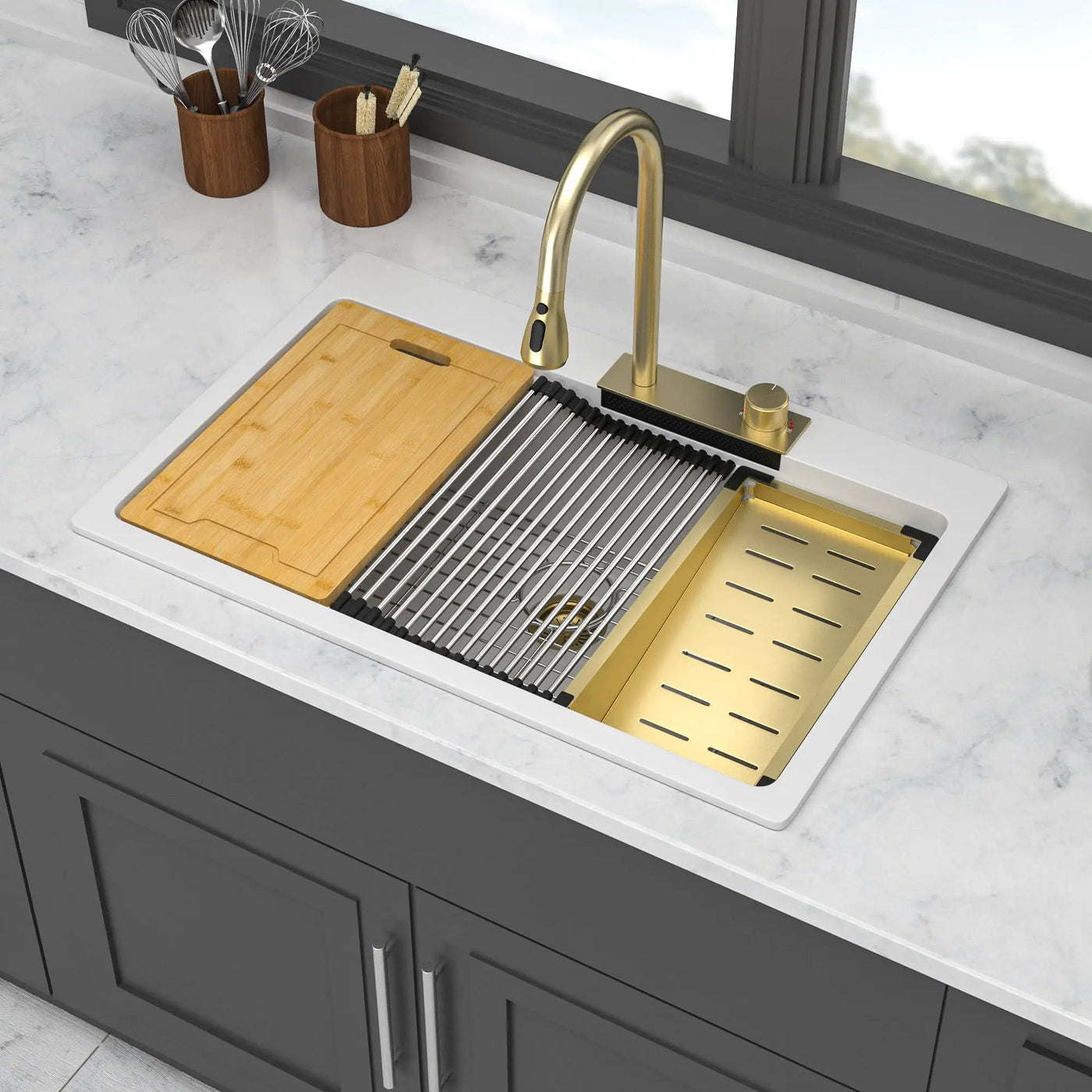 Waterfall Kitchen Sink With Pull Out Faucet & Cup Washer by HouseOfZazla