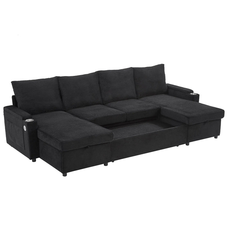 U Shaped Sectional Sofa Bed With Storage Chaise Lounges, USB Ports, And Cup Holders by HouseOfZazla