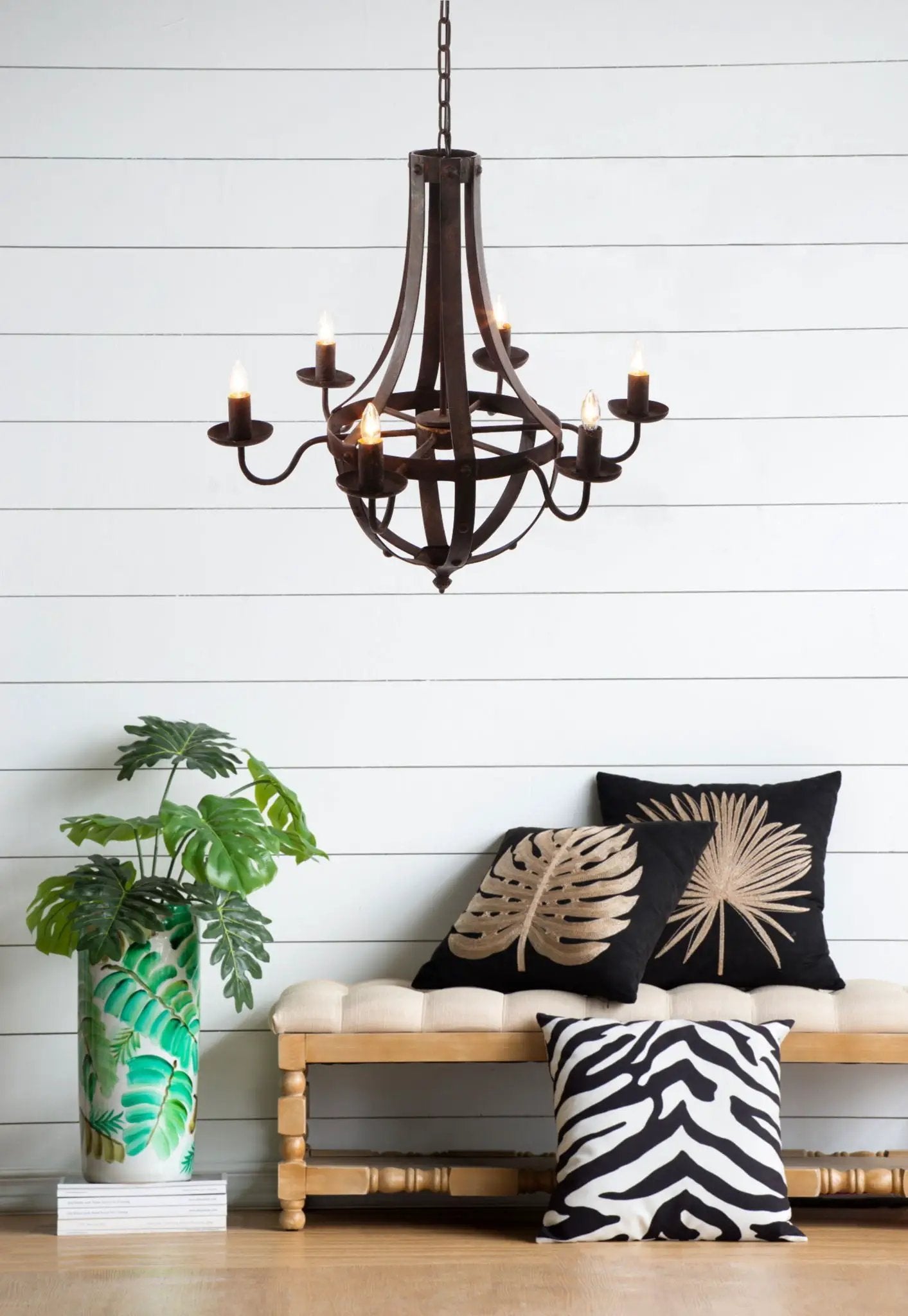 6 Light Metal Chandelier, Hanging Light Fixture With Adjustable Chain For Kitchen, Bulb Not Included - Black by Unique Piece Furniture