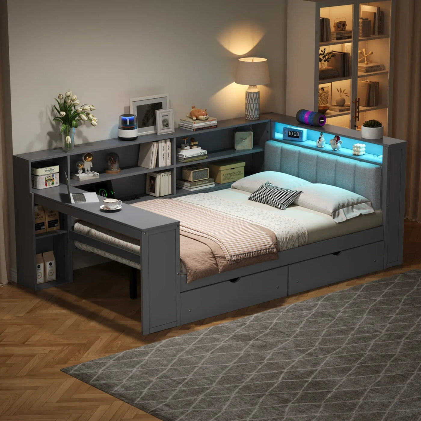 Platform Bed With Storage Shelves, Drawers, Charging Station, LED, Desk by HouseOfZazla