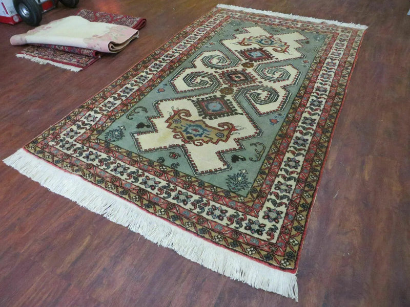 4' X 7' Vintage Handmade Knotted Rug India Caucasian Wool Soft Green Organic by Jewel Rugs