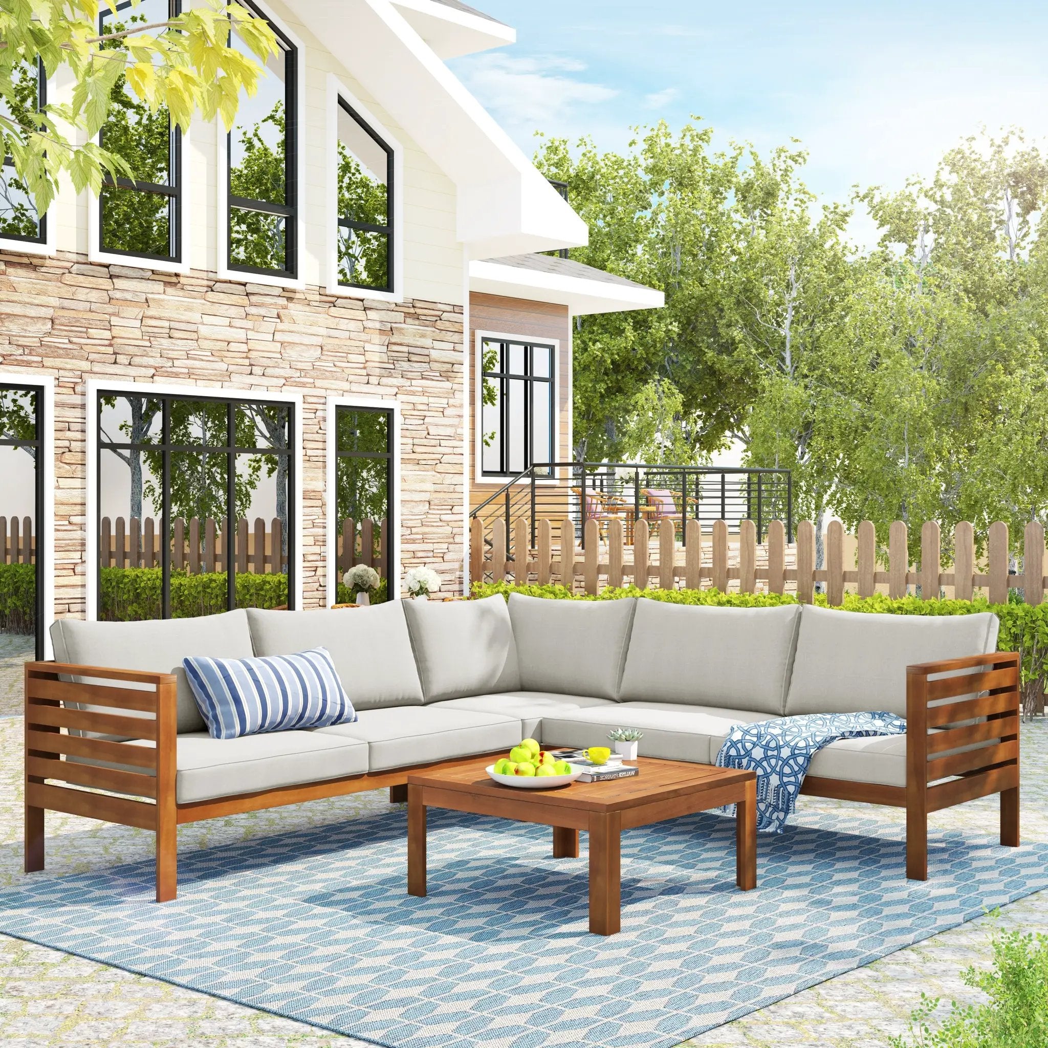 Wood Structure Outdoor Sofa Set with Beige Cushions by HouseOfZazla
