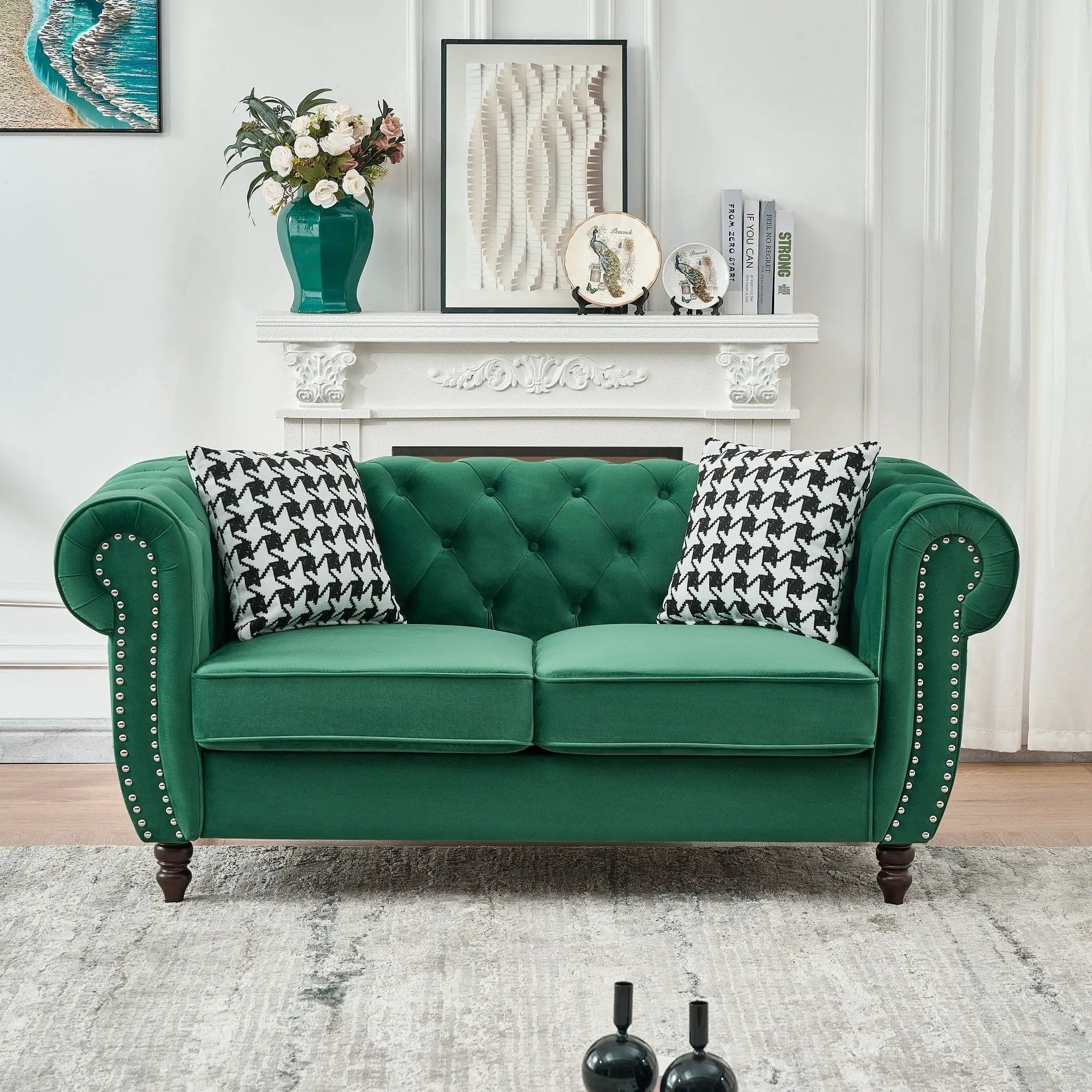 Chesterfield Fabric Sofa With Roll Armrest And Nailhead, Mid Century 2 Seater Couch by Unique Piece Furniture