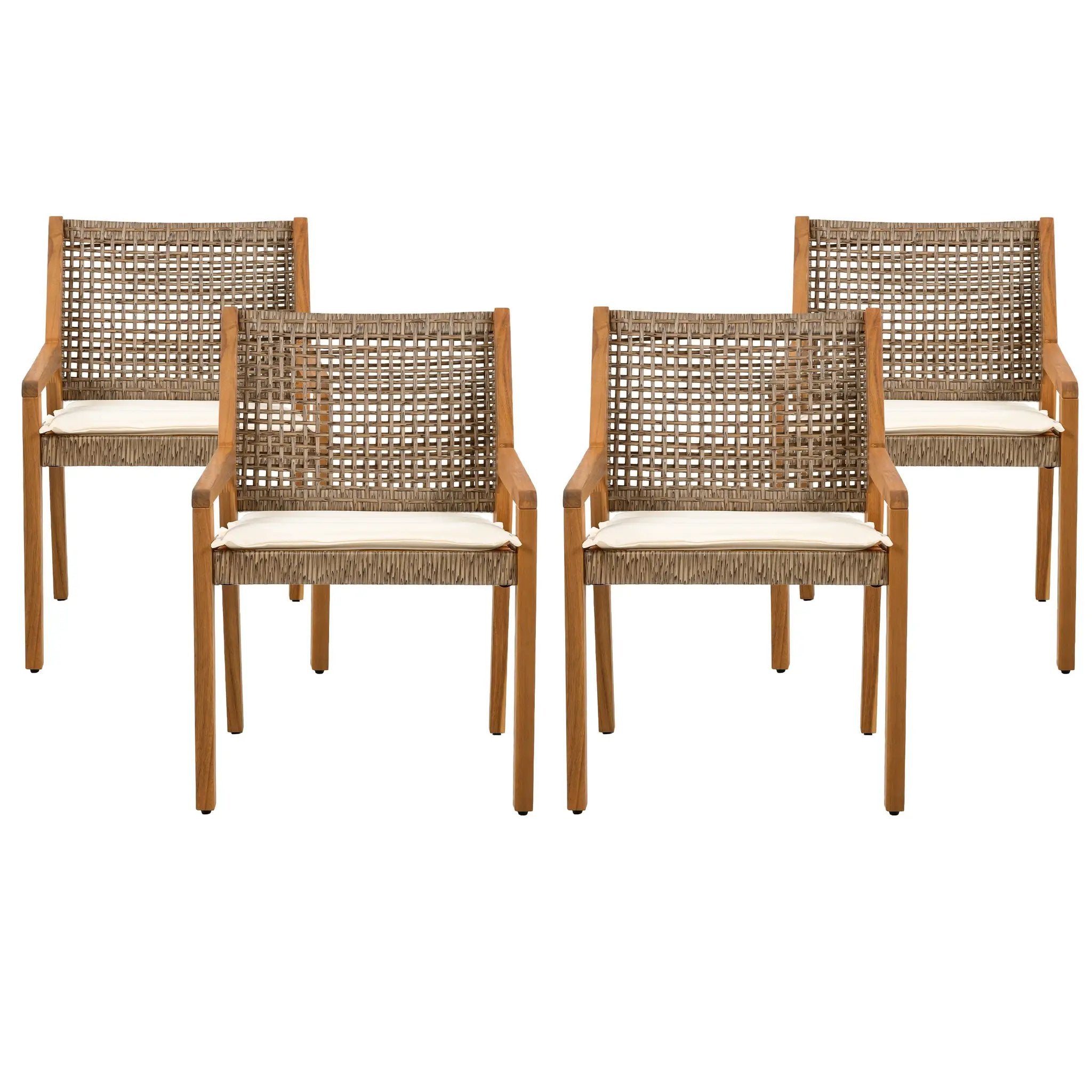 Outdoor Dining Chair Set of 4 - Acacia Wood and Wicker with Cream Cushion by HouseOfZazla