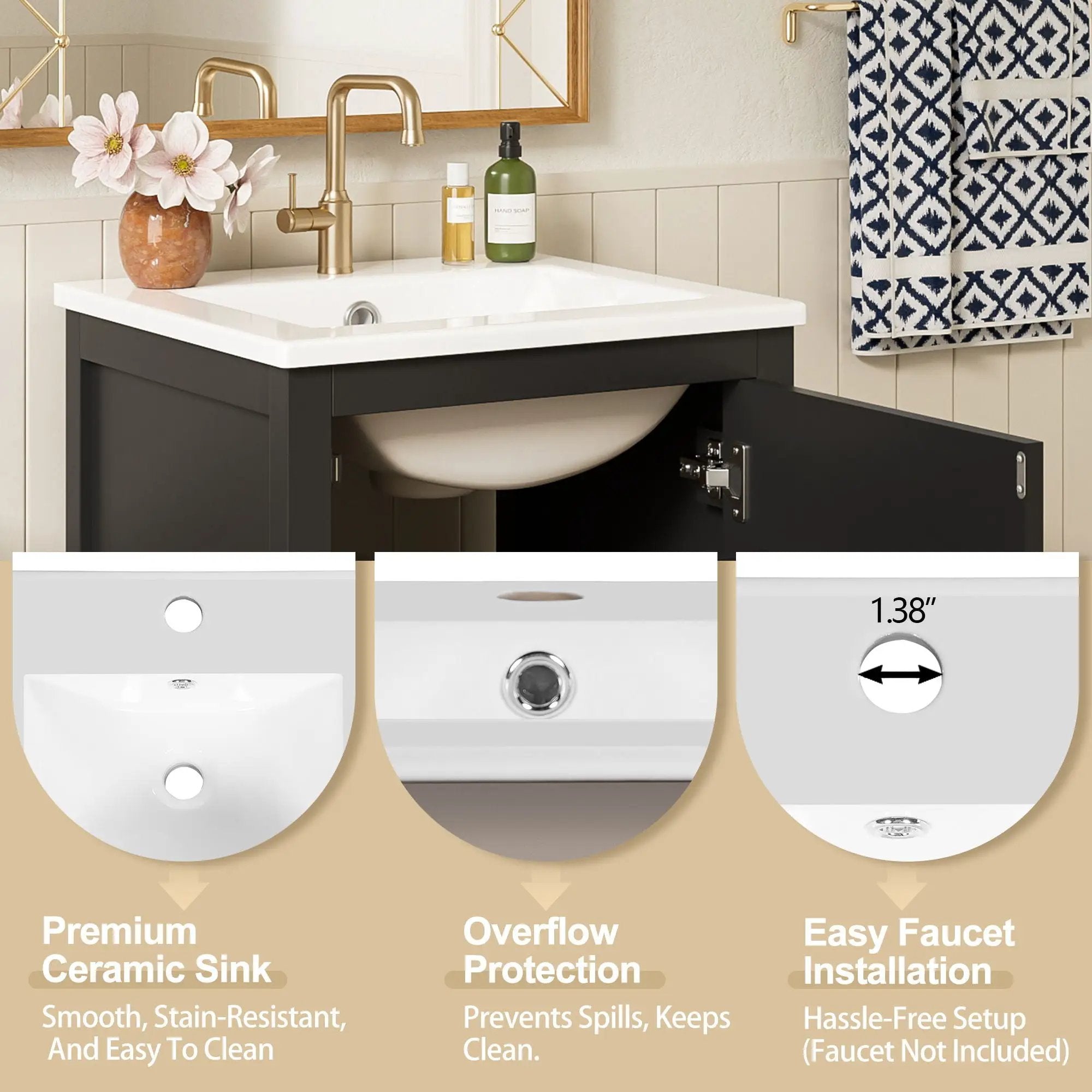 Bathroom Vanity With Ceramic Sink, Soft Close Drawers, Door Organizer, Divider Drawer, Adjustable Foot Pads by HouseOfZazla